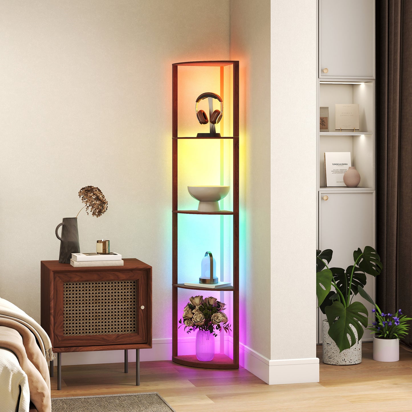 HOMCOM RGB Standing Lamp With Shelves Five Tier LED Floor Lamp With Multiple Lighting Modes Brown