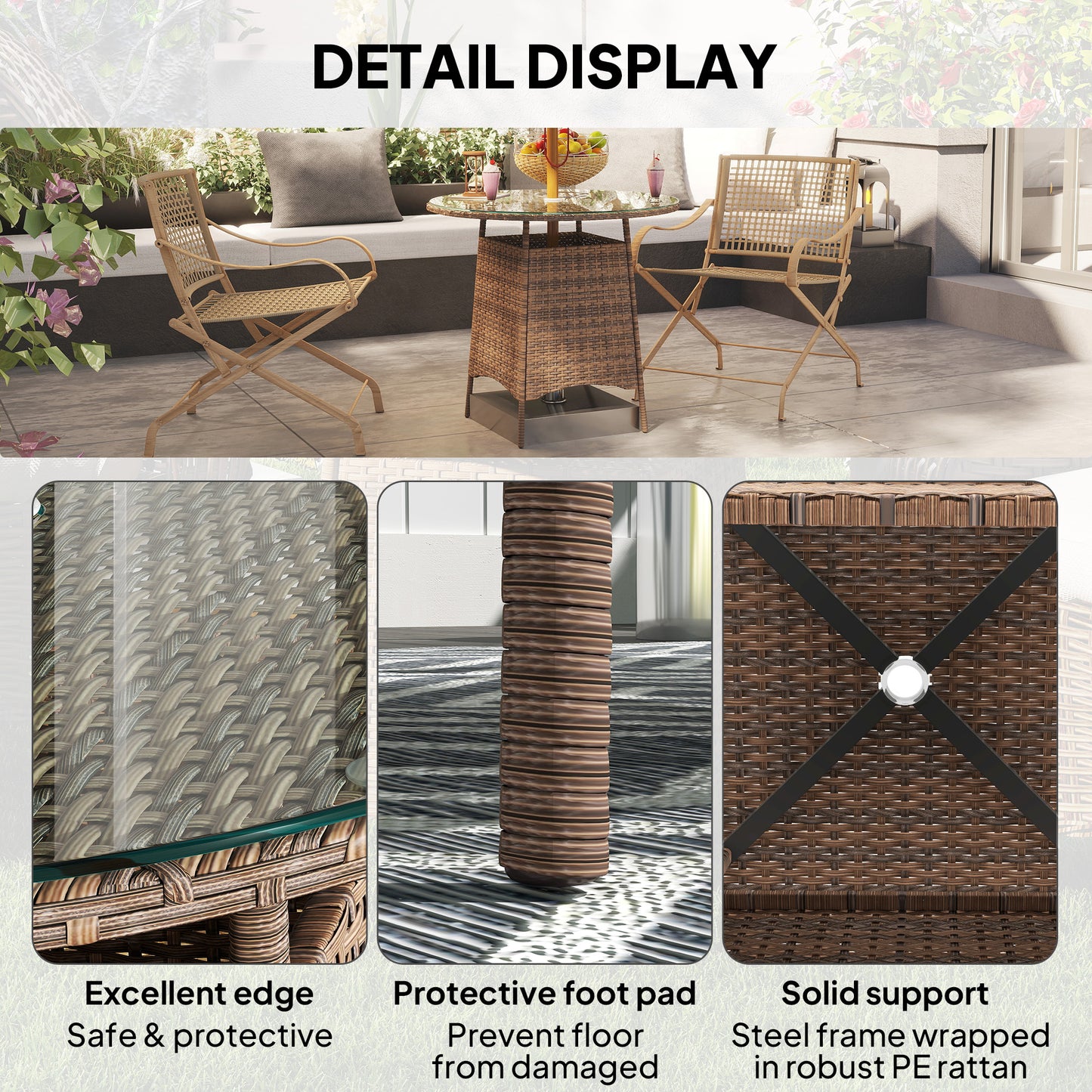 Outsunny Wicker Garden Rattan Coffee Table With Umbrella Hole And Tempered Glass Top Brown Outdoor Patio Furniture