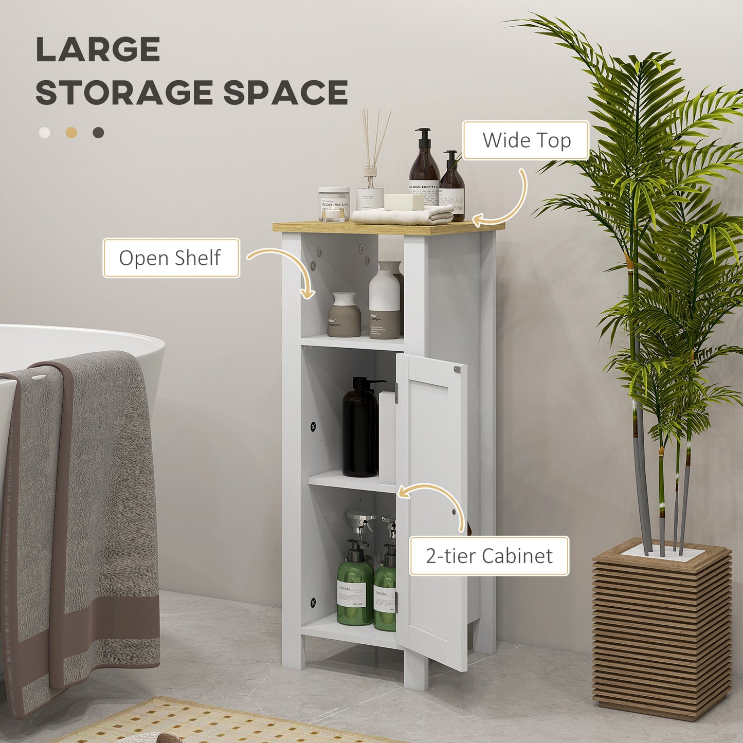 Kleankin Slim White Bathroom Storage Cabinet With Two Tier Cupboard And Faux Leather Handle For Towels