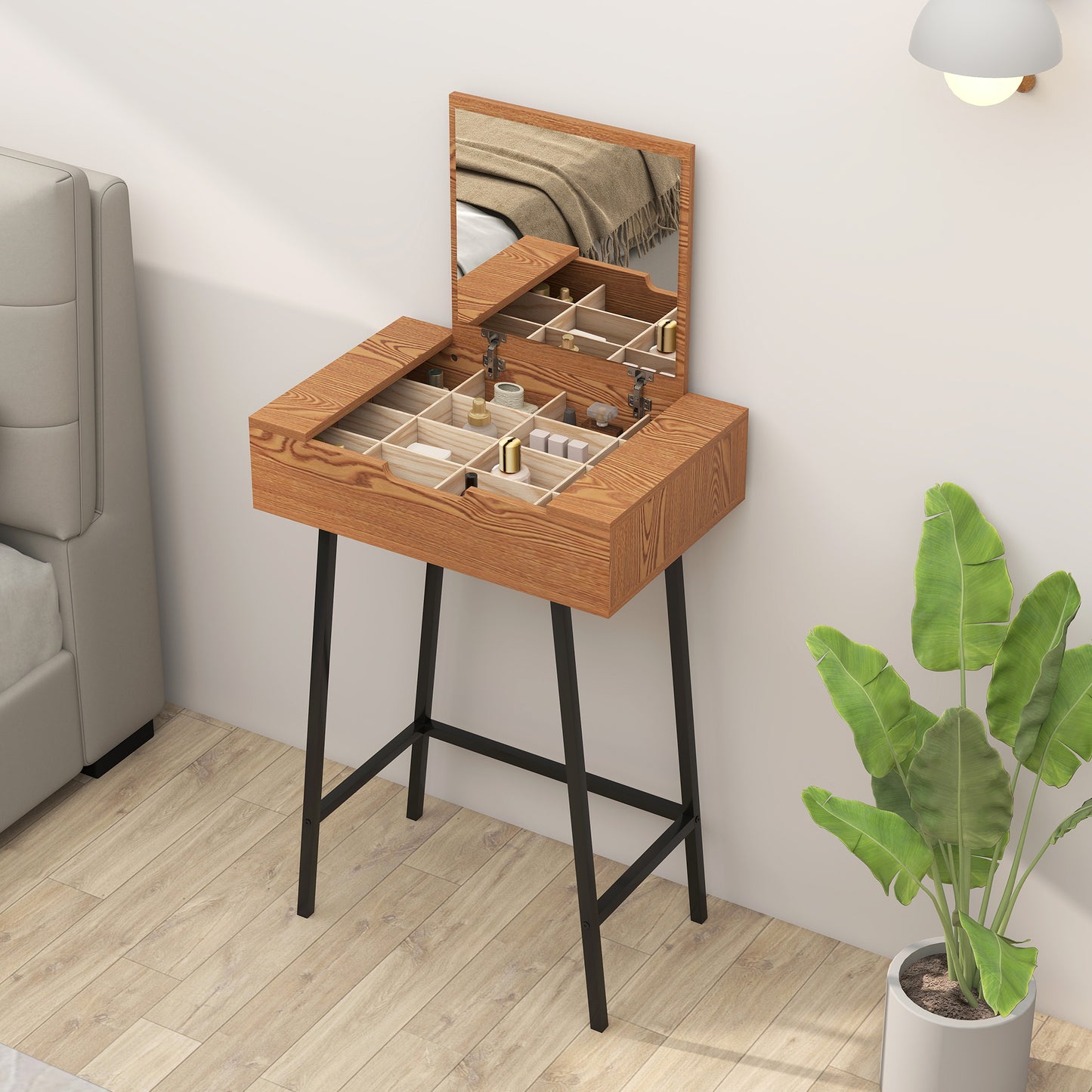HOMCOM Vanity Desk With Flip Up Mirror And 16 Small Compartments Natural Wood Effect Dressing Table For Bedroom