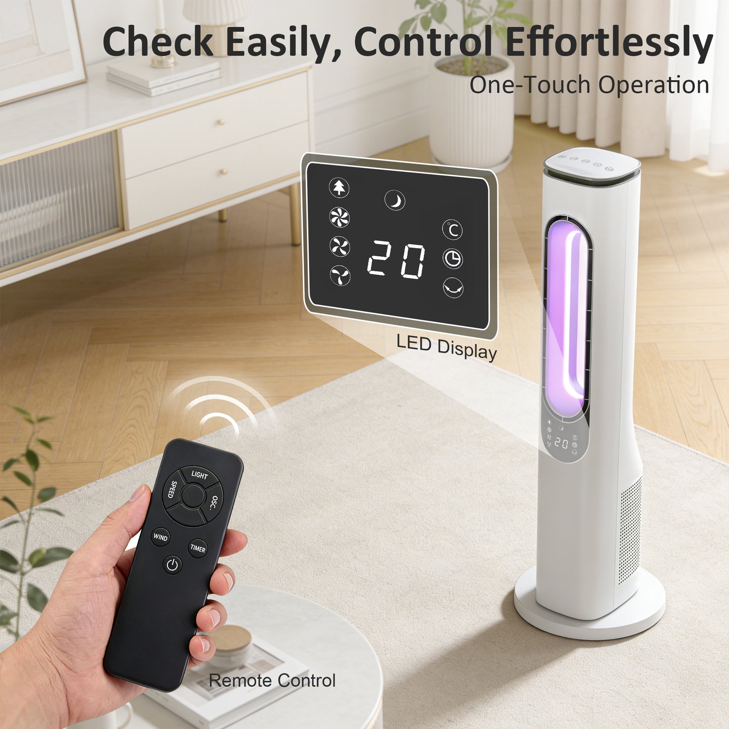 HOMCOM Bladeless Tower Fan Bedroom Quiet 35 dB Sleep Mode 50 Degree Oscillation LED Display 3 Speeds 15 Hour Timer White
