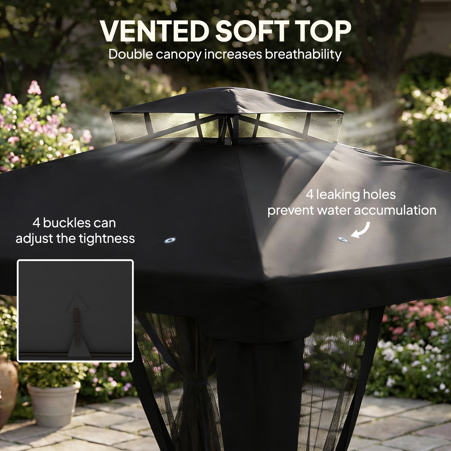 Outsunny 3x3m Metal Gazebo Garden Pavilion With Double Roof Outdoor Canopy Shelter And Mesh Sidewalls Black