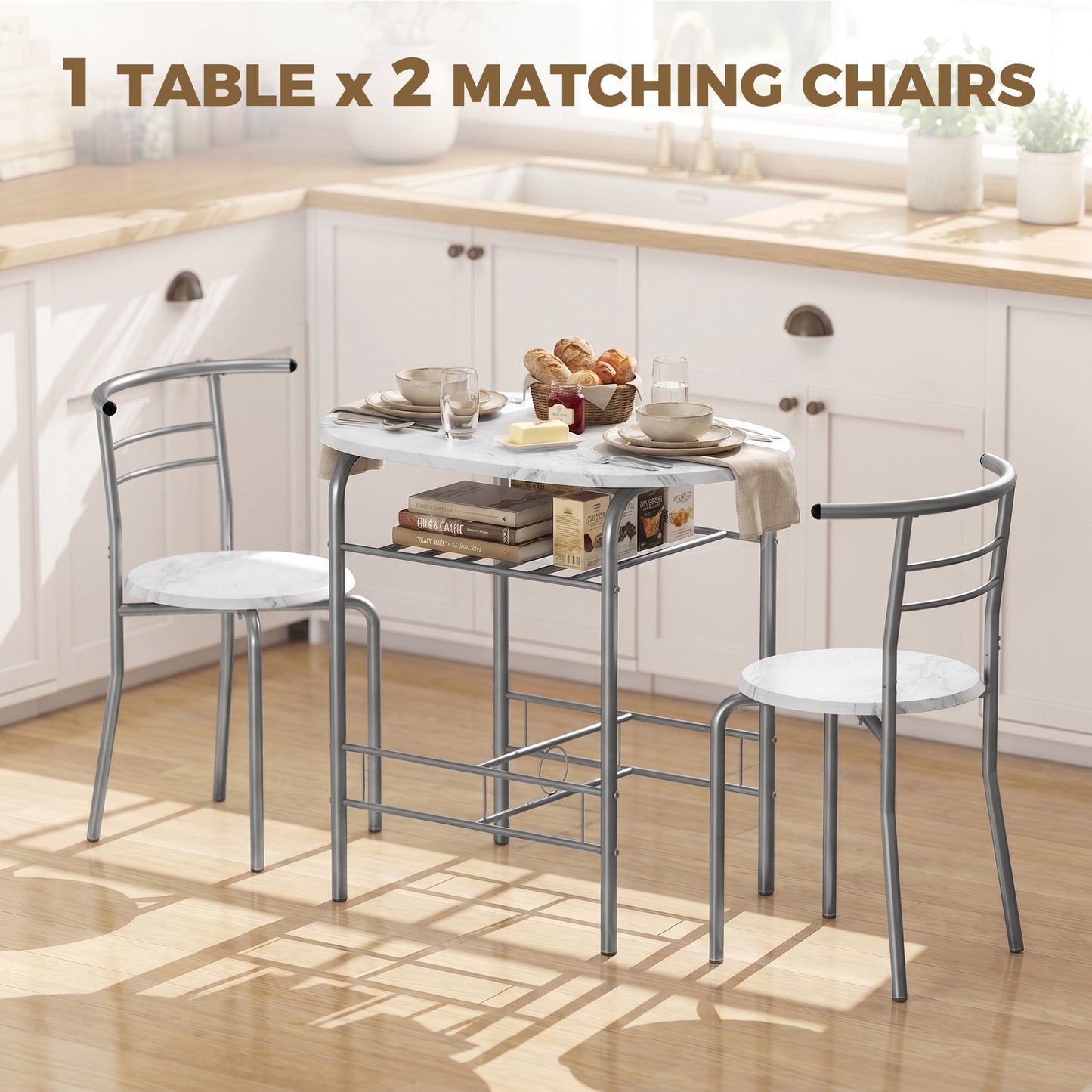 HOMCOM White Marble Effect Three Piece Compact Dining Set With Two Chairs And Table Shelf