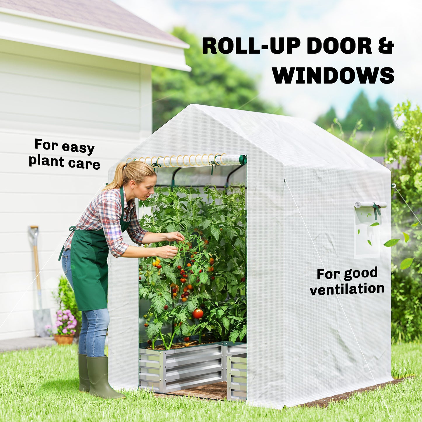 Outsunny Small Greenhouse With Raised Garden Bed Walk In Galvanised Steel Frame Roll Up Windows 141 X 141 X 190 cm White
