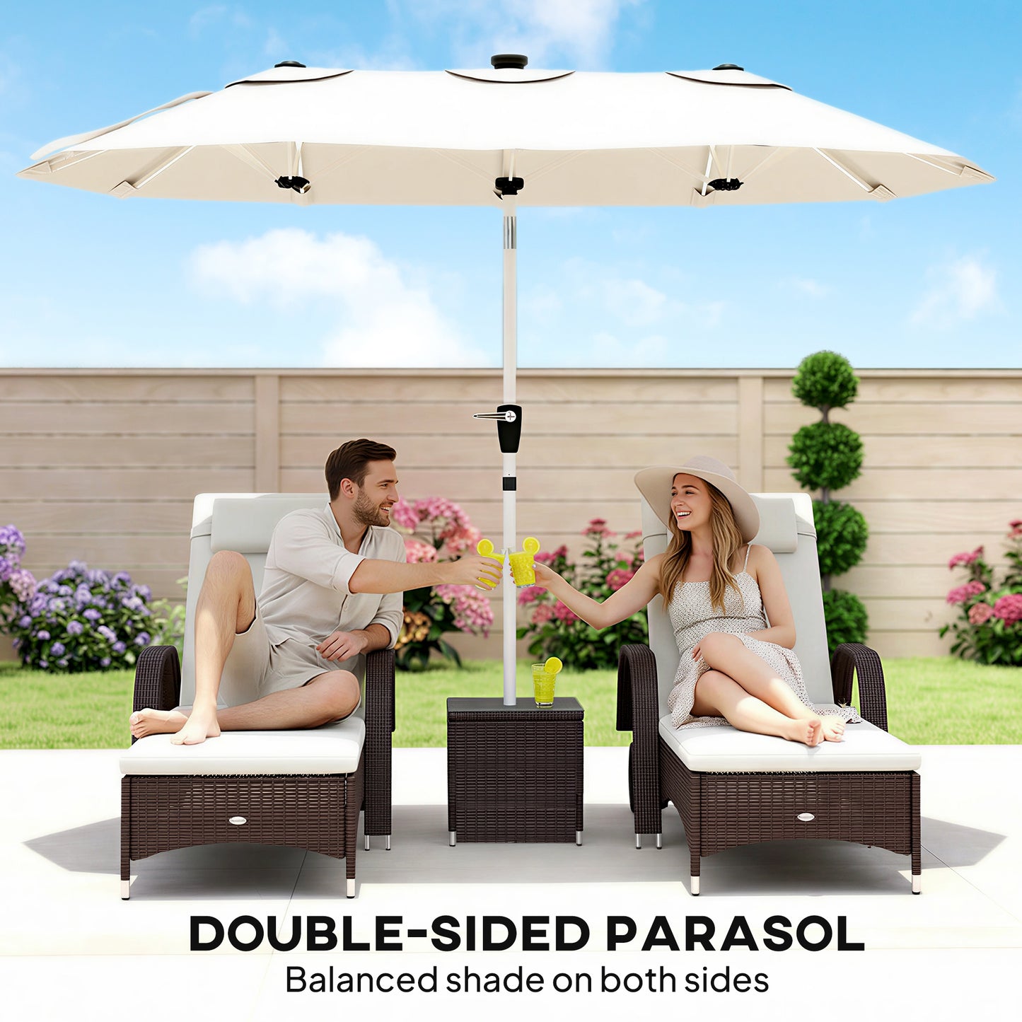 Outsunny 3m Double Sided Garden Parasol With Led Solar Lights Cream White Outdoor Sun Umbrella With Crank