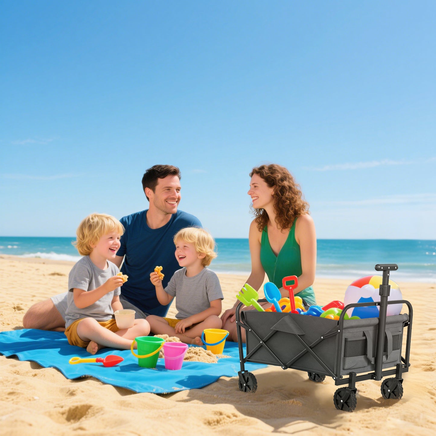 Outsunny 62L Festival Trolley On Wheels 120kg Capacity Beach Folding Cart With Adjustable Handle And Carrying Bag Grey