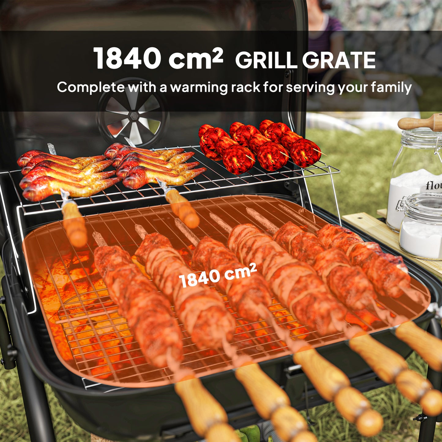 Outsunny Charcoal Portable Barbecue Grill 1840 Sq Cm Cooking Area, 3 Shelves, Adjustable Vent, Lockable Lid, Wheels