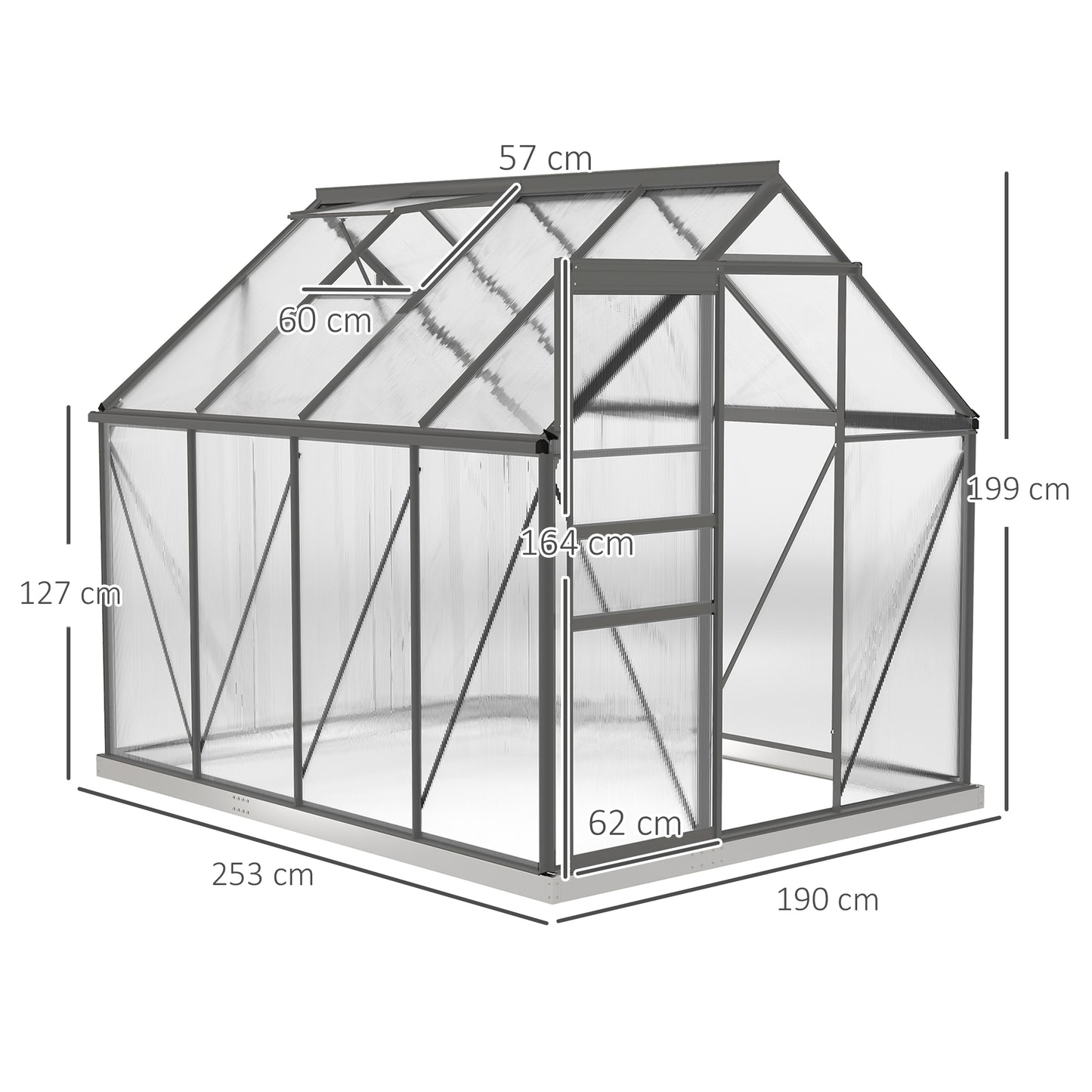 Outsunny 190 x 253 cm Walk In Polycarbonate Greenhouse With Aluminium Frame Dark Grey