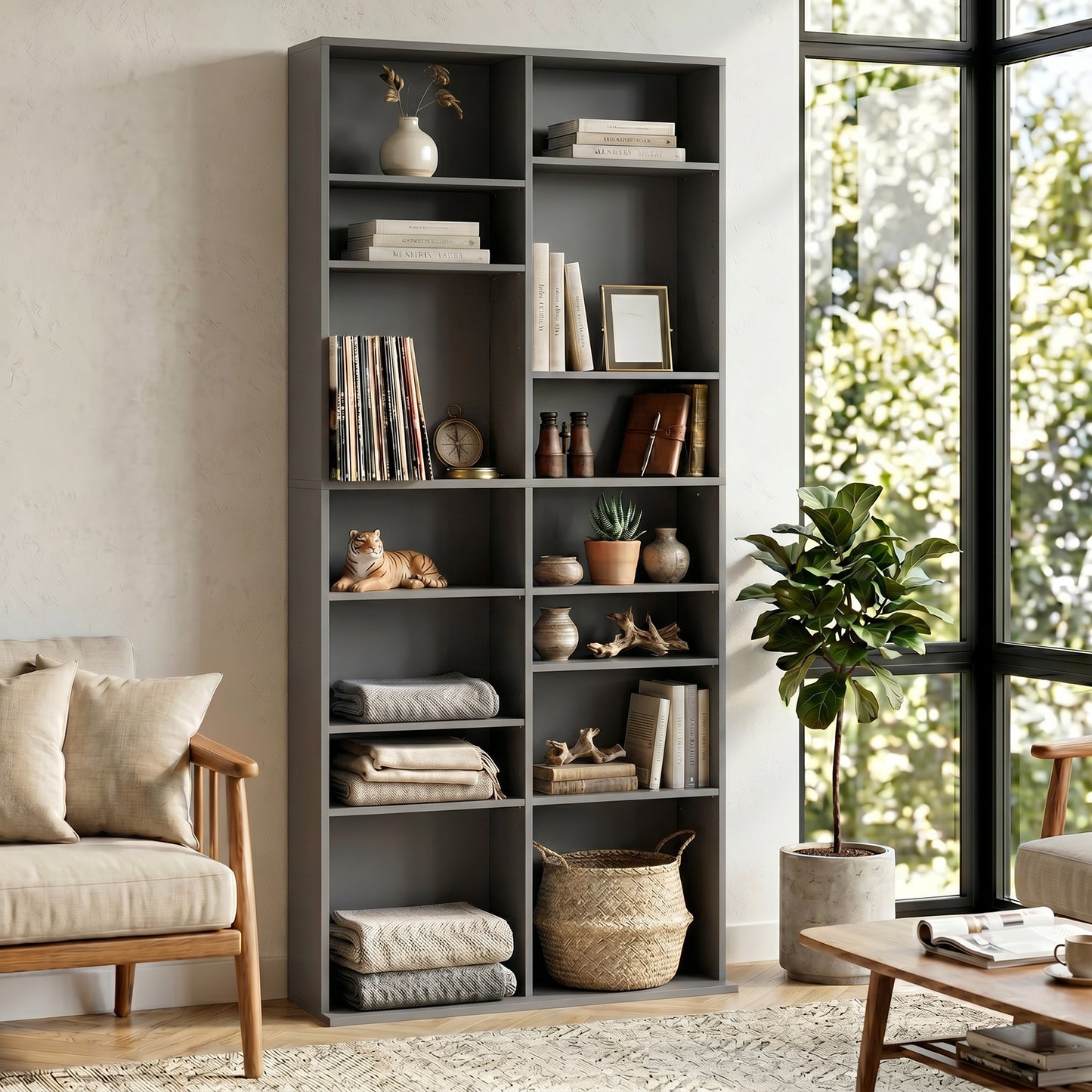 HOMCOM 640 CD Storage Tower Grey With 14 Adjustable Shelves Holds 640 CDs And 360 DVDs Anti Tipping Design