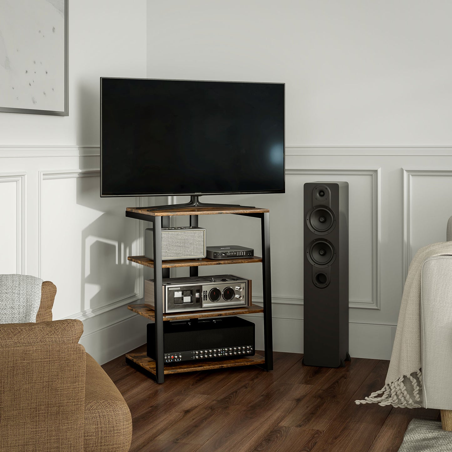 HOMCOM HiFi Stand With Four Adjustable Storage Shelves Rustic Brown Finish Sturdy Steel Frame for Audio Video Equipment