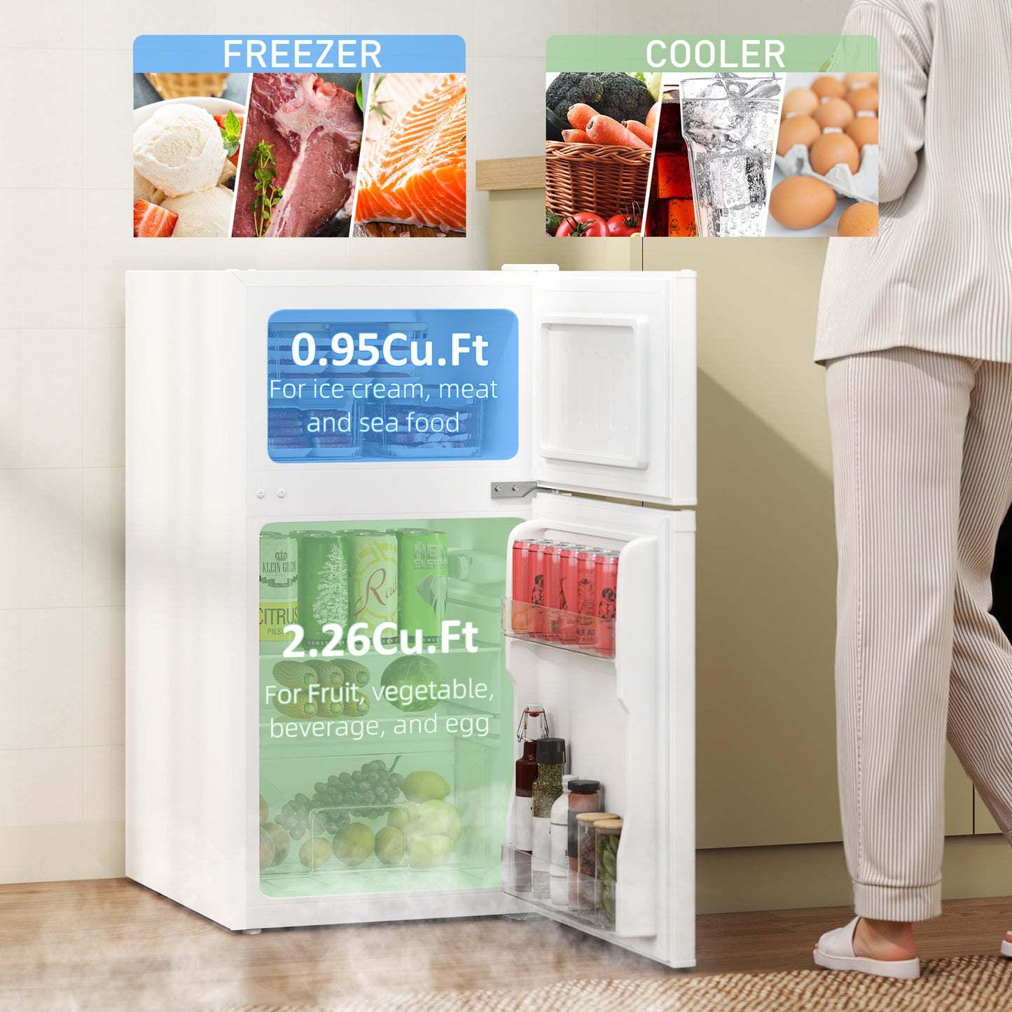 HOMCOM 88L Under Counter Fridge Freezer White With 5 Setting Temperature Control And 3 Star Freezer