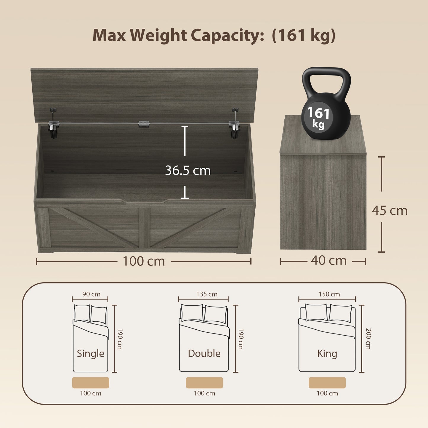 HOMCOM 127L Storage Chest With Safety Hinges And Seat Dark Grey Wood Effect For Living Room Or Bedroom