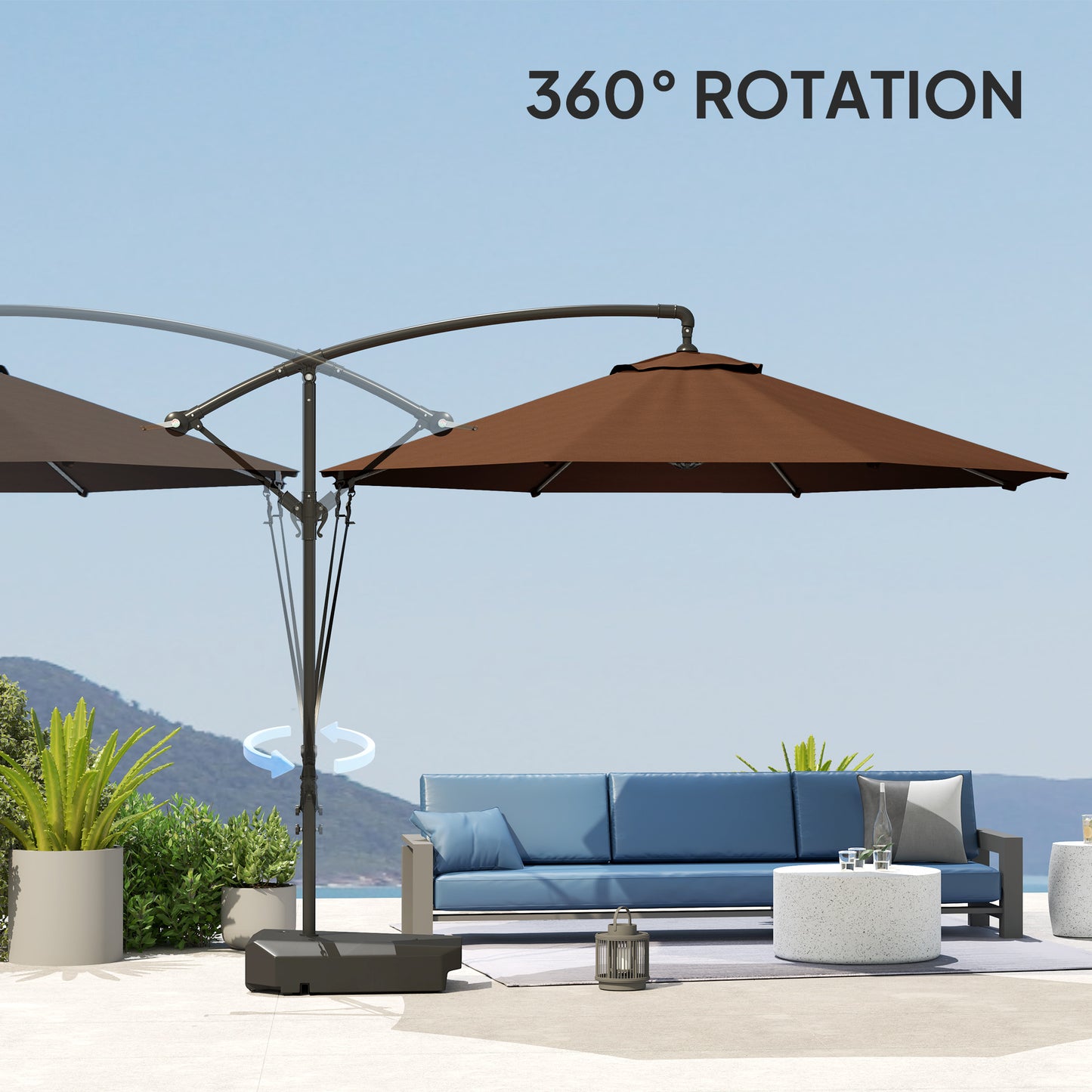 Outsunny 3m Cantilever Garden Parasol With Fillable Base Up To 90kg Wind Straps Tilt Crank UPF50Plus Brown Cover