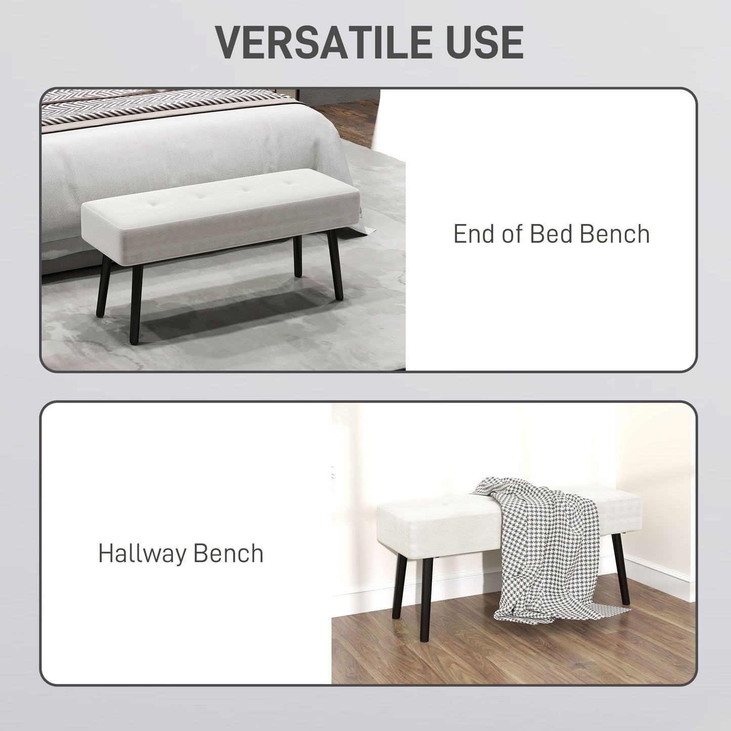 End Of Bed Bench Corduroy Upholstered With Thick Padding And Steel Legs Tufted Window Seat For Entryway Cream White