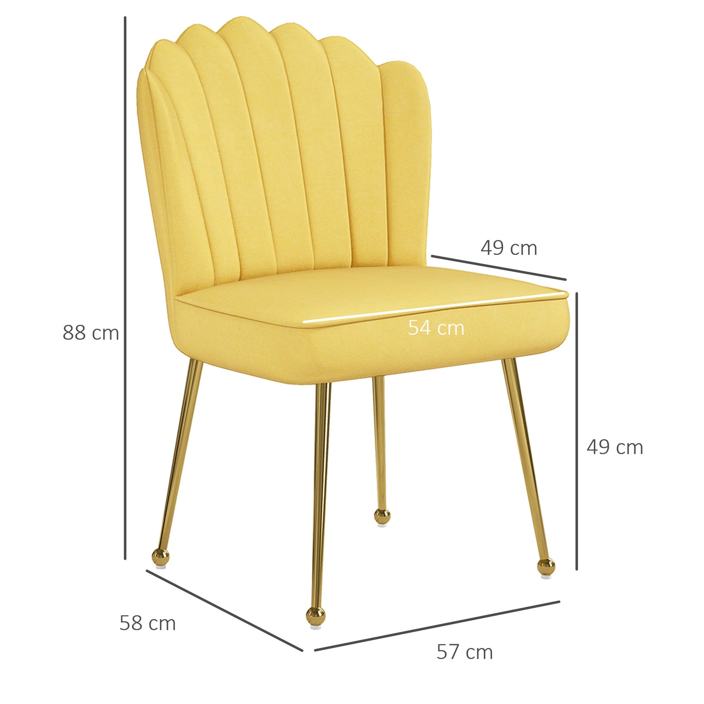 Set Of 2 Velvet-Feel Shell Accent Chairs In Yellow With Gold-Tone Legs For Living Room Decor