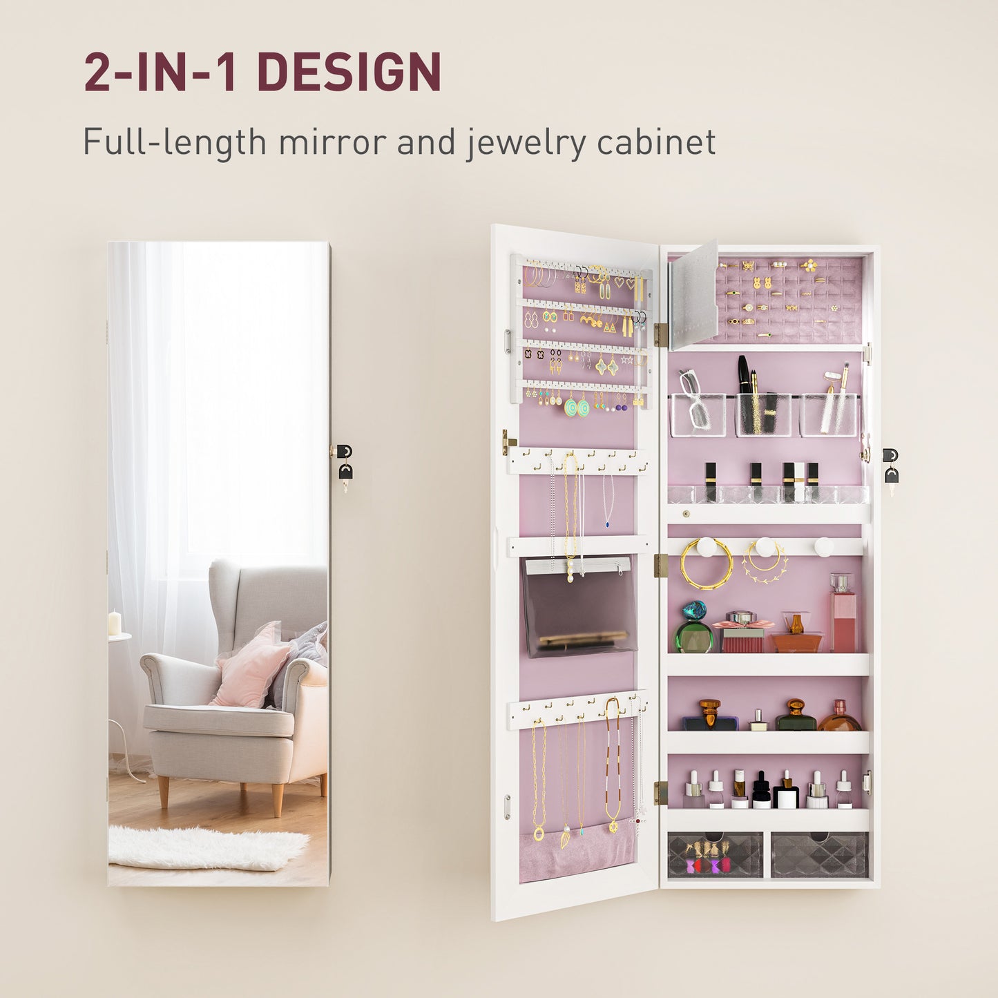 HOMCOM Lockable Jewellery Cabinet With LED Lights Mirror 108 x 37 cm White Surface Pink Lining