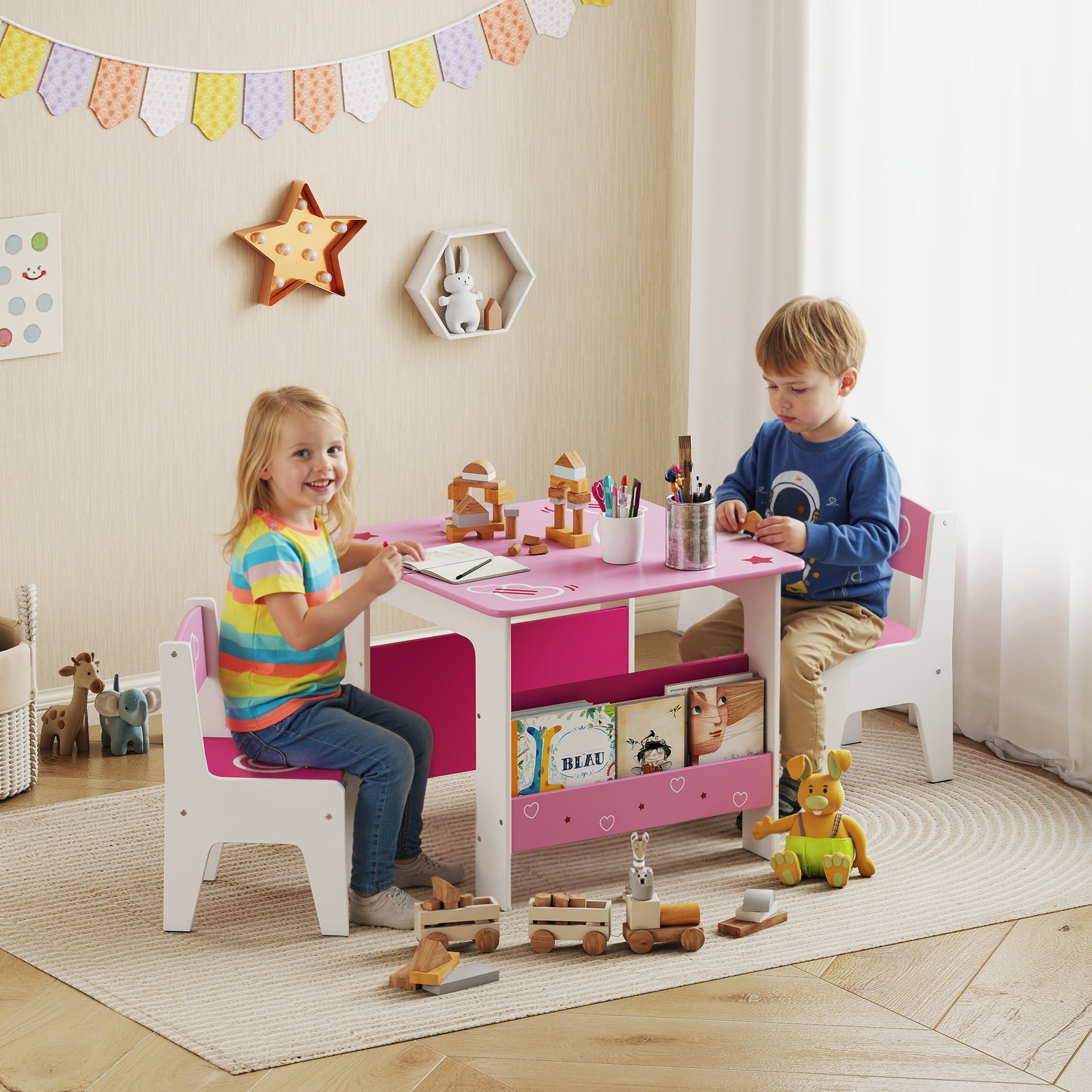 AIYAPLAY 3 Pieces Kids Table And Chair Set Pink With Built In Book Racks Toddler Activity Table For Living Room