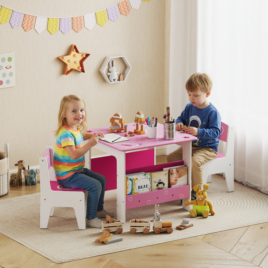 AIYAPLAY 3 Pieces Kids Table And Chair Set Pink With Built In Book Racks Toddler Activity Table For Living Room