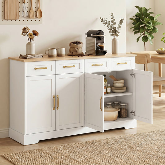 White sideboard buffet cabinet with 4 drawers and 4 doors, open shelves for kitchen storage