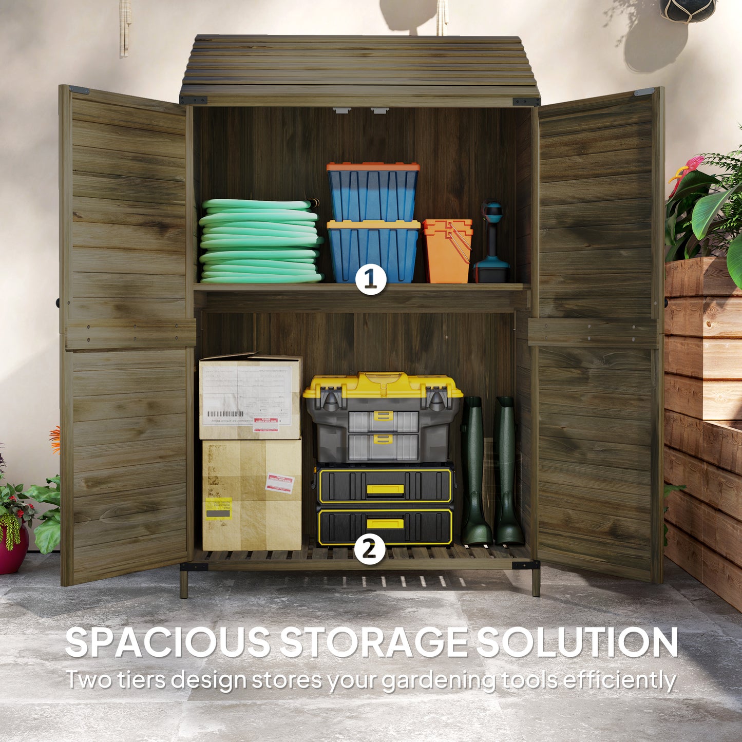 Outsunny Wooden Garden Shed 103.5 X 59 Cm Brown For Tools And Boots With Upper And Lower Shelves