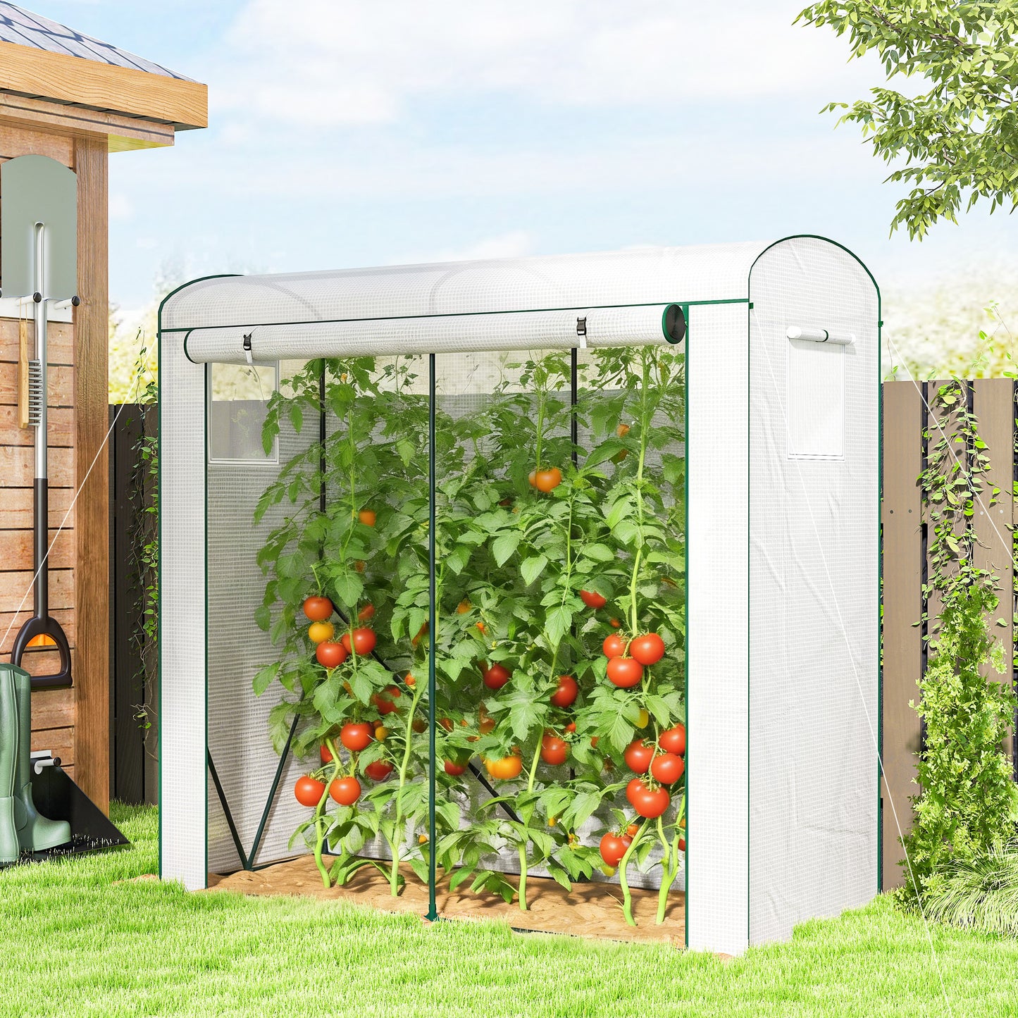 Outsunny Mini Greenhouse Garden Tomato Growhouse With Roll Up Door And 2 Mesh Windows PE Cover 200 x 75 x 188 Cm White