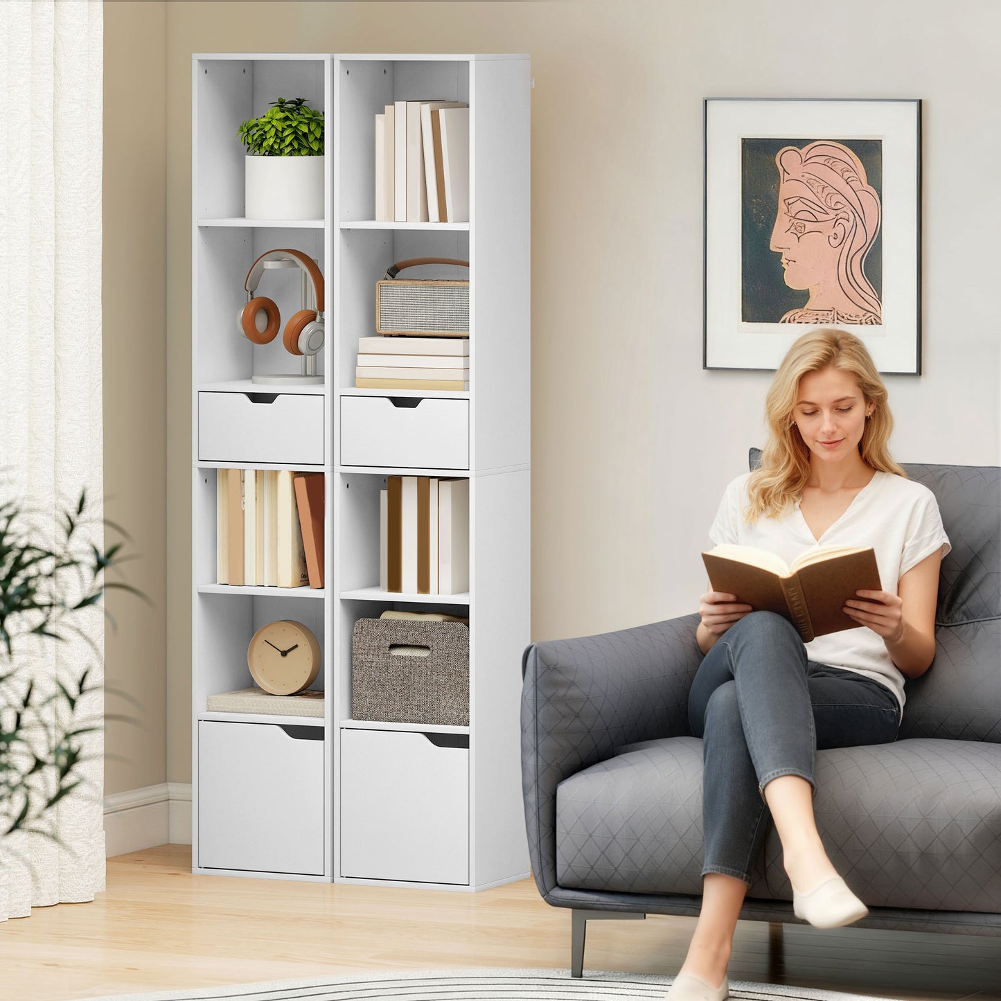 HOMCOM 6-Tier Tall Narrow Bookcase With Drawer And Door White Finish For Living Room Office Storage