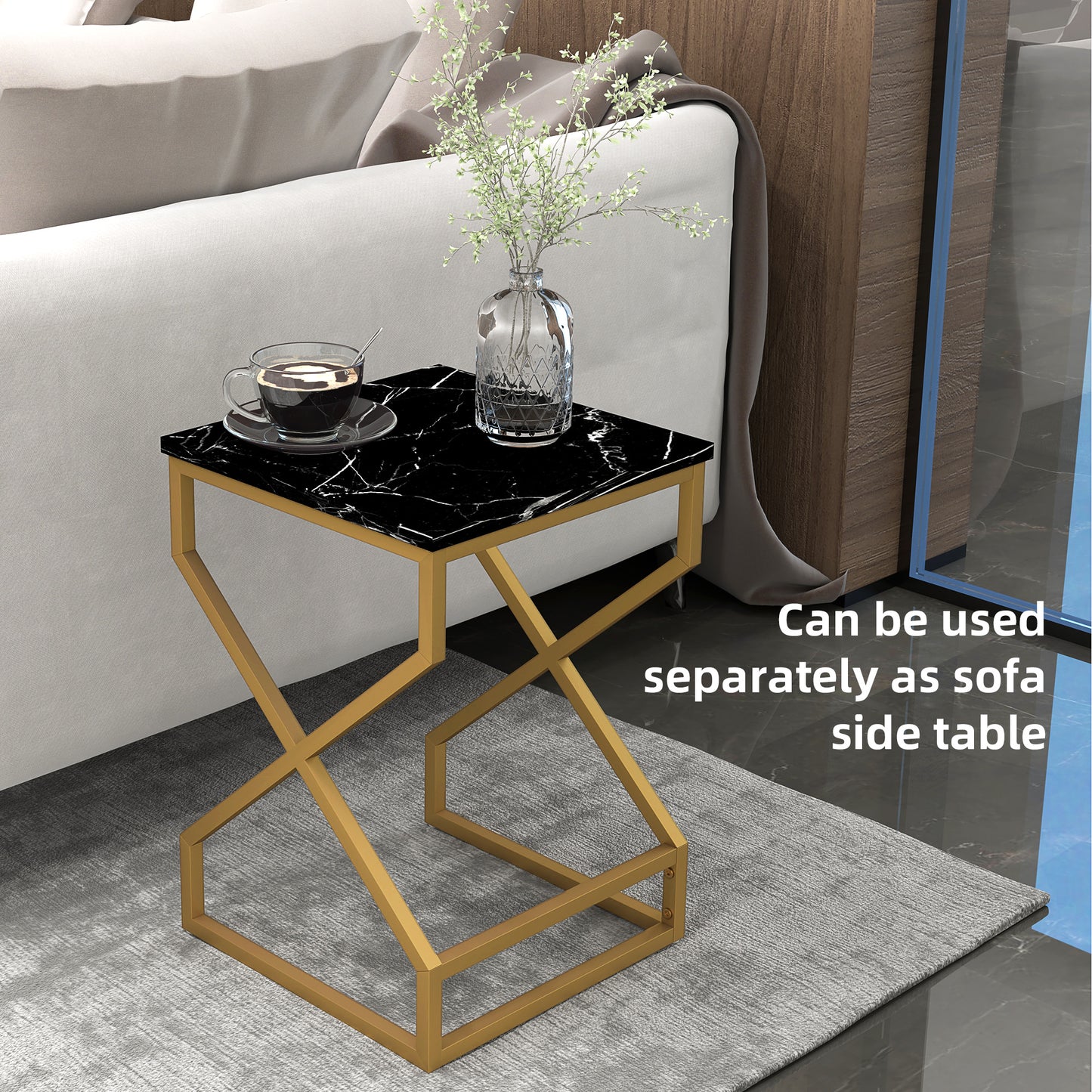 HOMCOM Marble Effect Nesting Tables Set Of Two With Gold Steel Legs For Space Saving