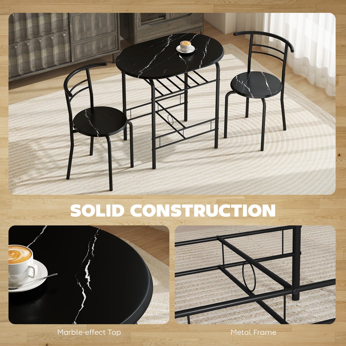 HOMCOM Three Piece Compact Dining Set With Marble Effect MDF Tabletops And Metal Frames Black With Under Table Shelf