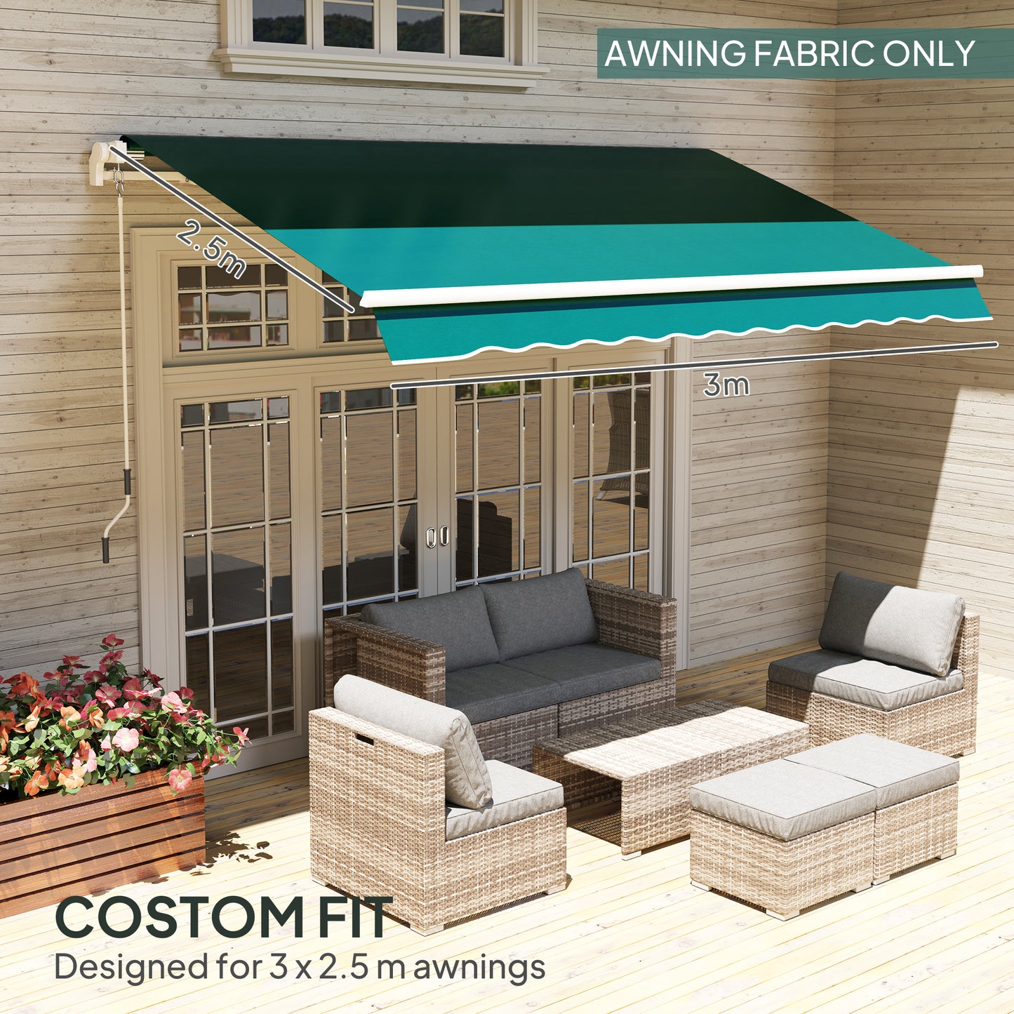 Outsunny Awning Replacement Canopy Water Resistant UPF 50 Sun Shade Cover For 3 X 2.5 M Garden Awning Fabric Only Green