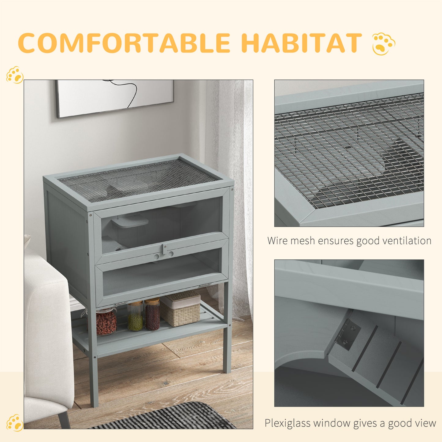 PawHut Three-Tier Wooden Hamster Habitat with Storage Shelf and Openable Top - Grey - ALL4U RETAILER LTD