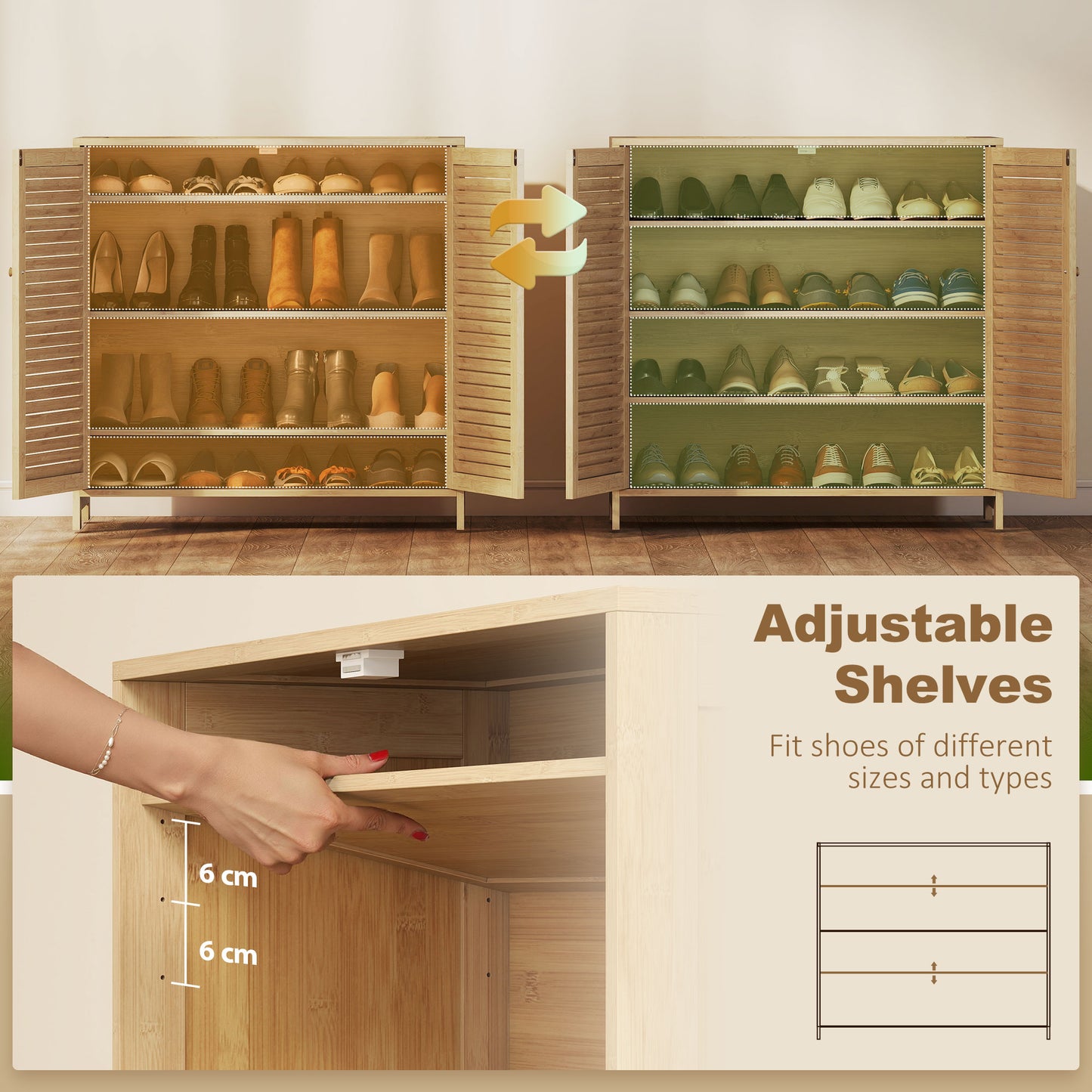 HOMCOM Bamboo Shoe Cabinet With Louvered Doors 14 Pairs Storage Adjustable Shelves For Hallway Natural Finish