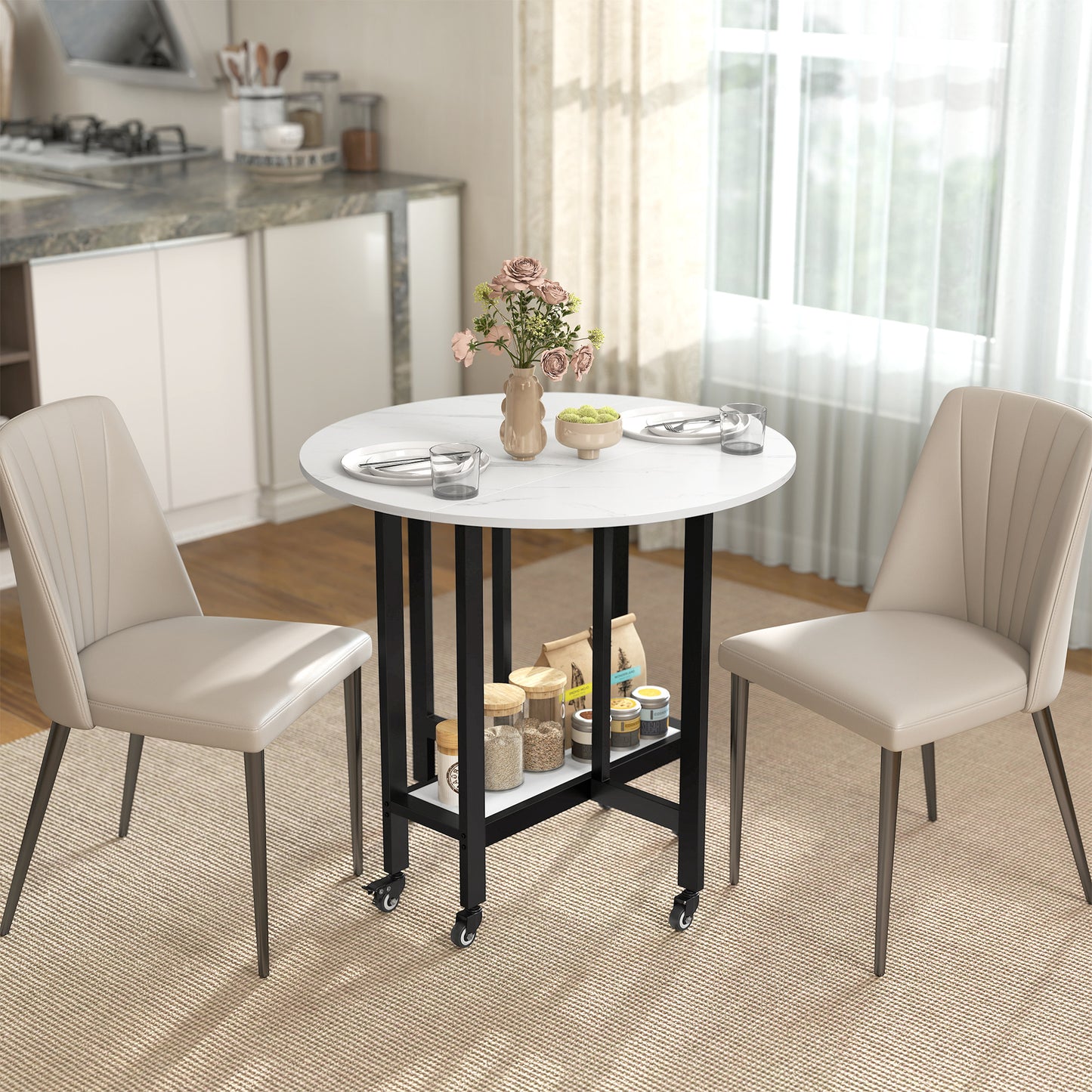 HOMCOM Folding Dining Table With Drop Leaf Open Shelf Smooth Rolling Wheels White Marble Finish For Small Spaces