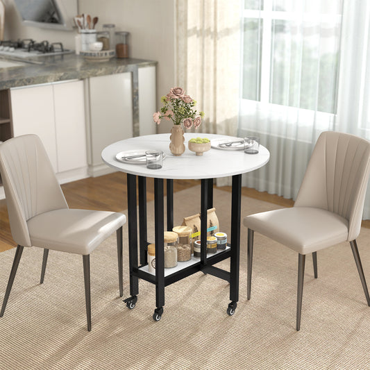 HOMCOM Folding Dining Table With Drop Leaf Open Shelf Smooth Rolling Wheels White Marble Finish For Small Spaces