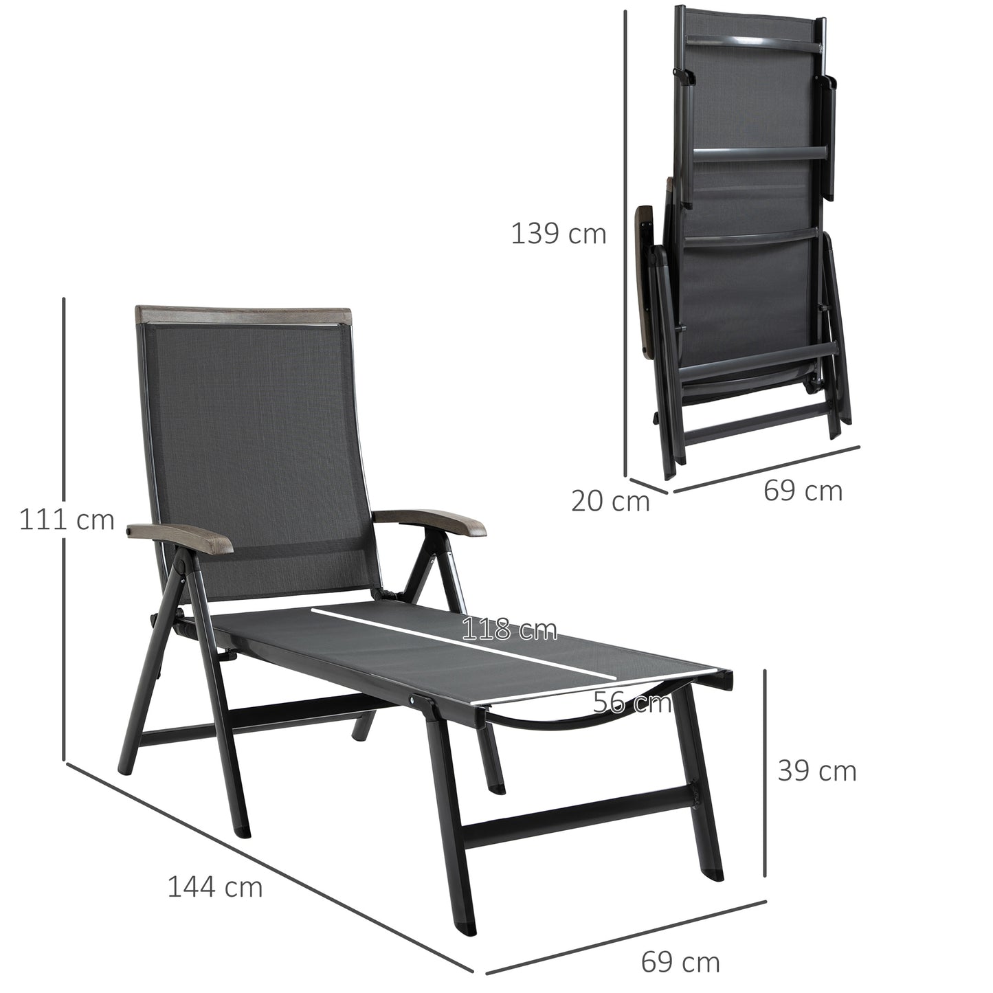 Outsunny Set Of 2 Folding Sun Loungers With 5 Position Adjustable Chaise Lounges Aluminium Frame For Patio Garden Grey