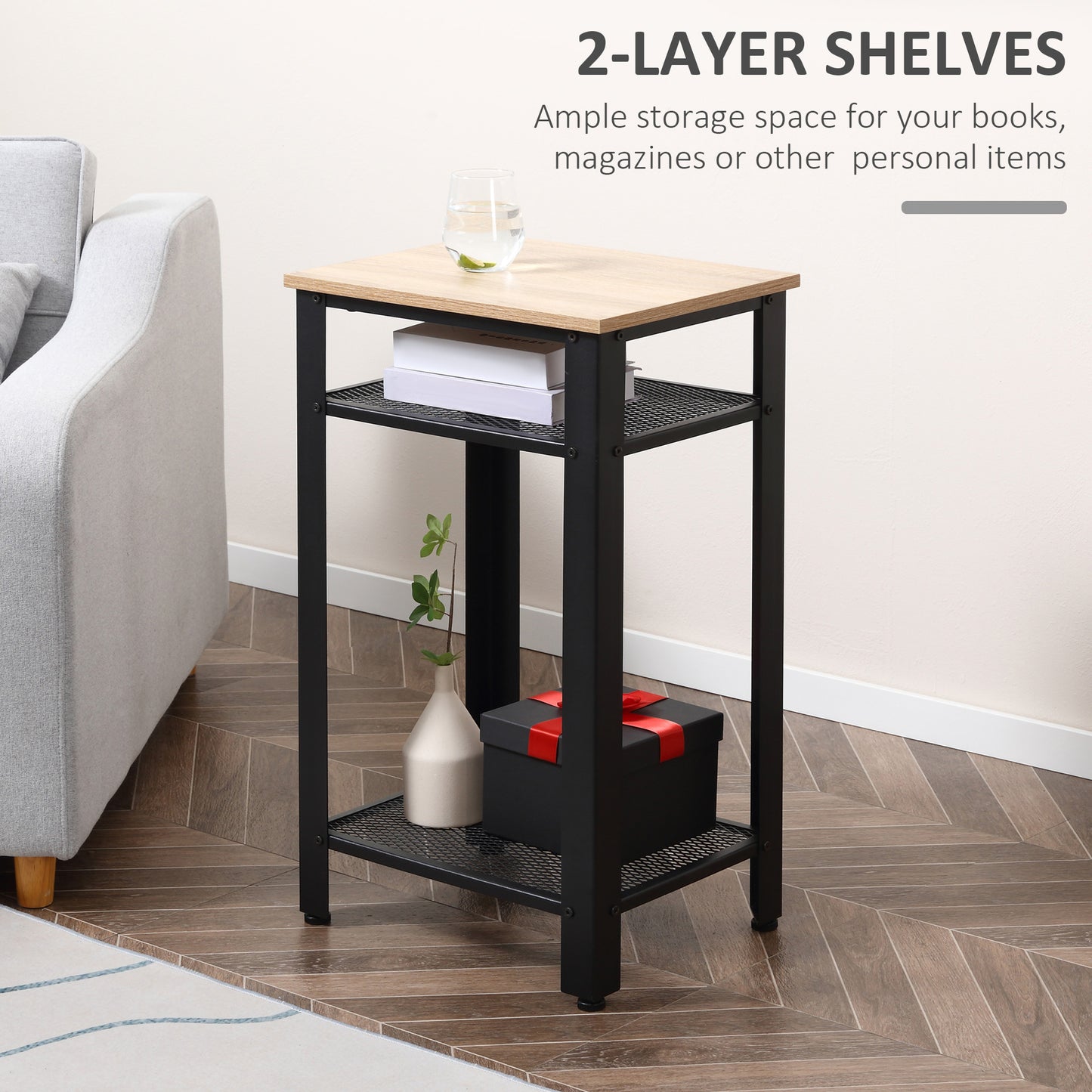HOMCOM Tall Side Table Set Of 2 With 3 Levels And 2 Shelves Industrial Style Metal Frame Bedside End Tables Oak Black