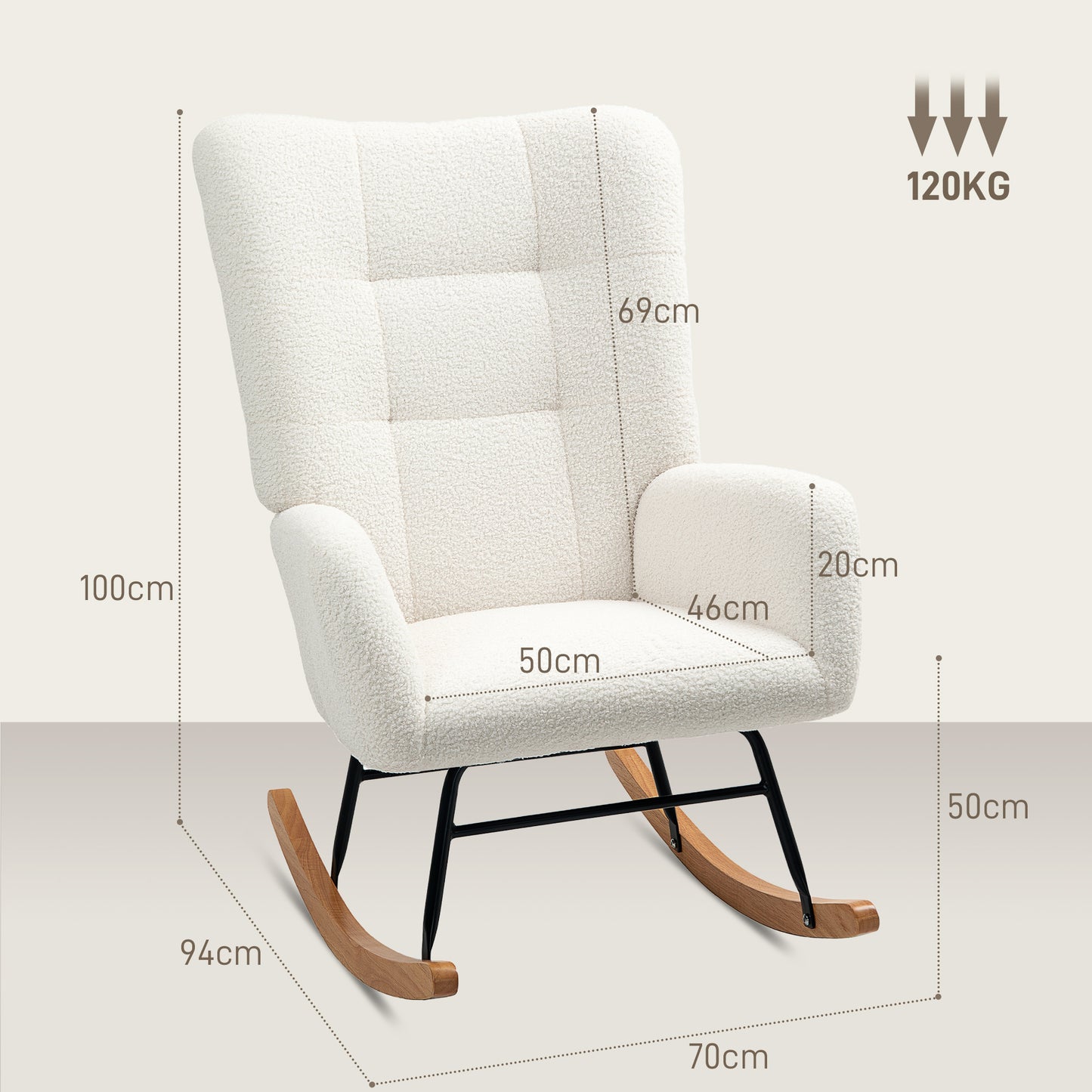 HOMCOM Teddy Fleece Rocking Chair Cream White With High Density Foam Upholstery And Gentle 90 To 115 Degree Sway