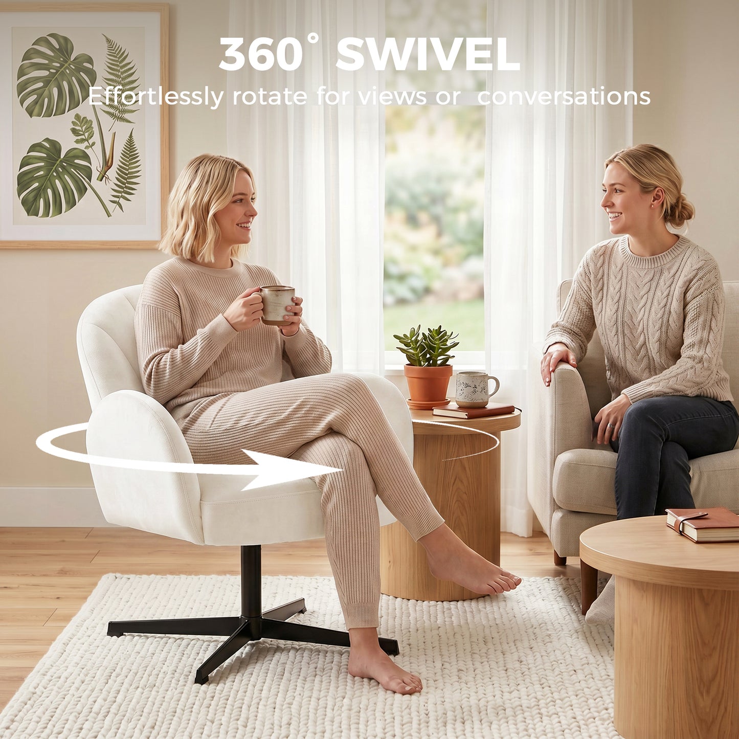 HOMCOM Swivel Accent Chair Shell Shaped Armchair With Spring Cushion And Metal Base Cream White
