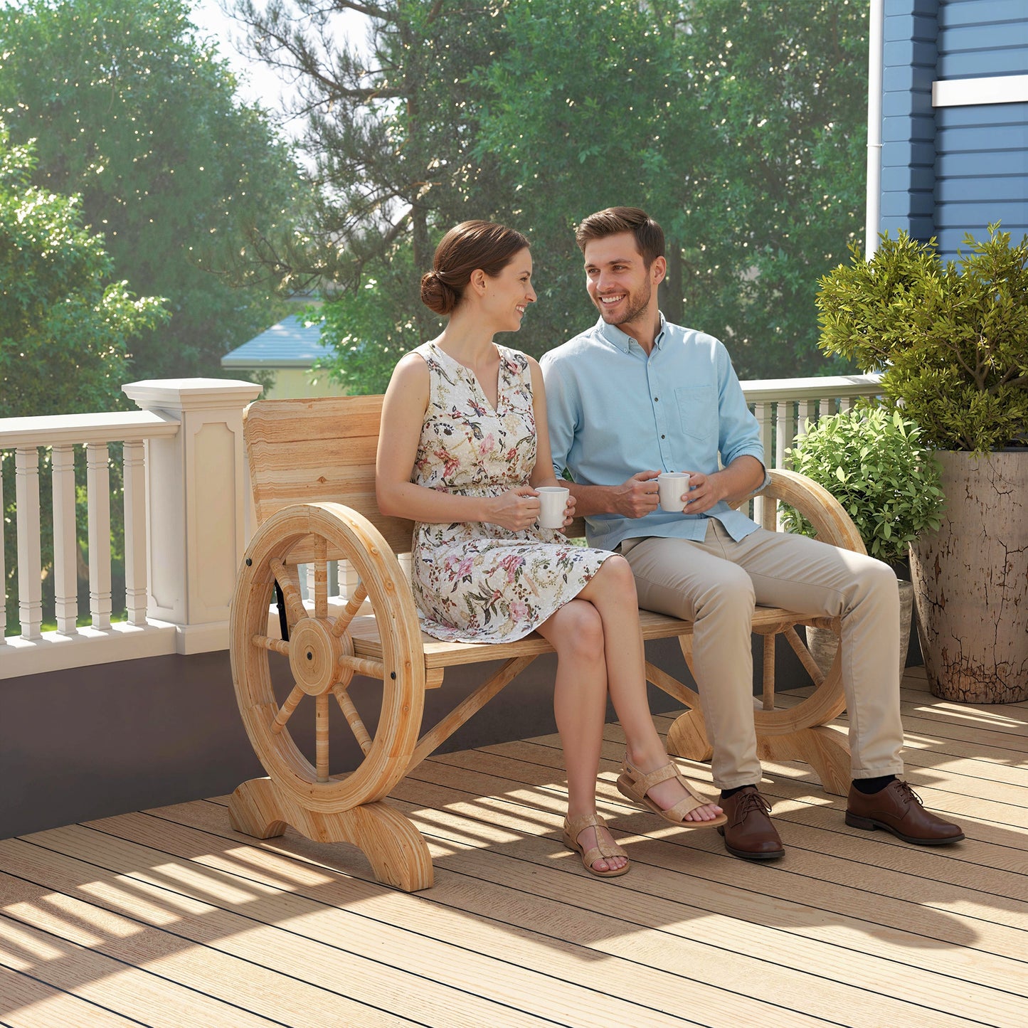 Outsunny Fir Wood Two Seater Wagon Wheel Bench For Outdoor Garden Patio Natural Finish Supports Up To 250 Kg