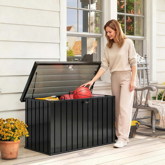 Outsunny 400L Galvanised Steel Garden Storage Box Black Weatherproof Outdoor Cushions Tools Storage