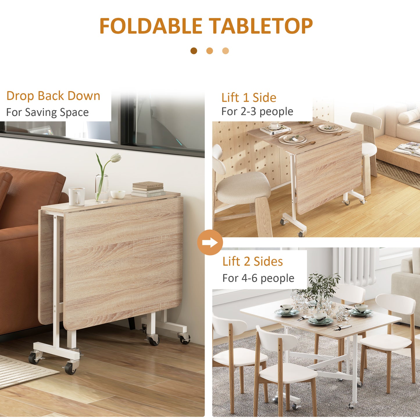 HOMCOM Oak Drop Leaf Dining Table Seats 4 to 6 People for Small Apartments Folds to 26cm High for Easy Storage