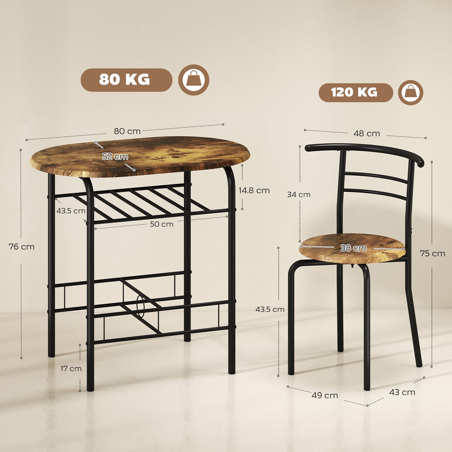 HOMCOM Three Piece Compact Dining Set With Two Chairs And Table In Rustic Brown Metal Frame And MDF Tops Space Saving