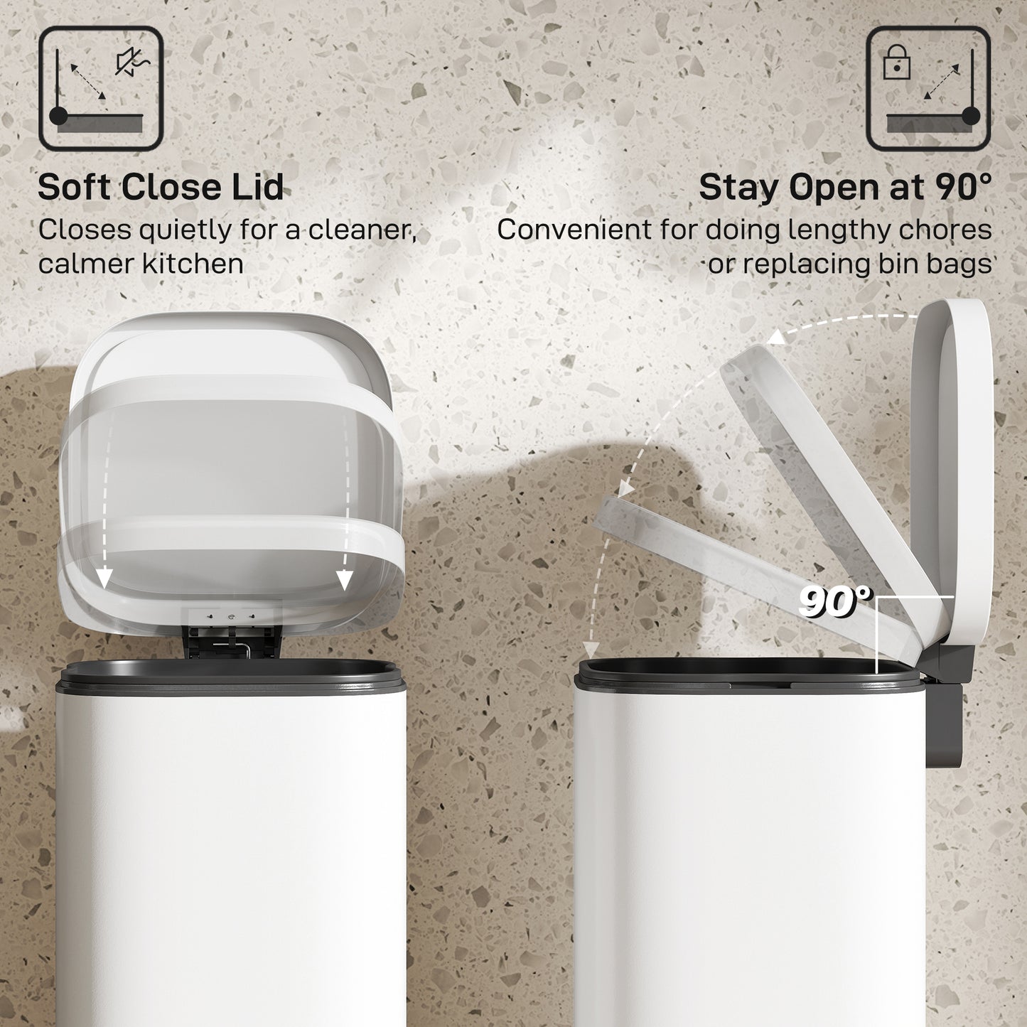 HOMCOM 30L Kitchen Bin With Soft Close And Stay Open Lid Removable Bucket Cream Finish