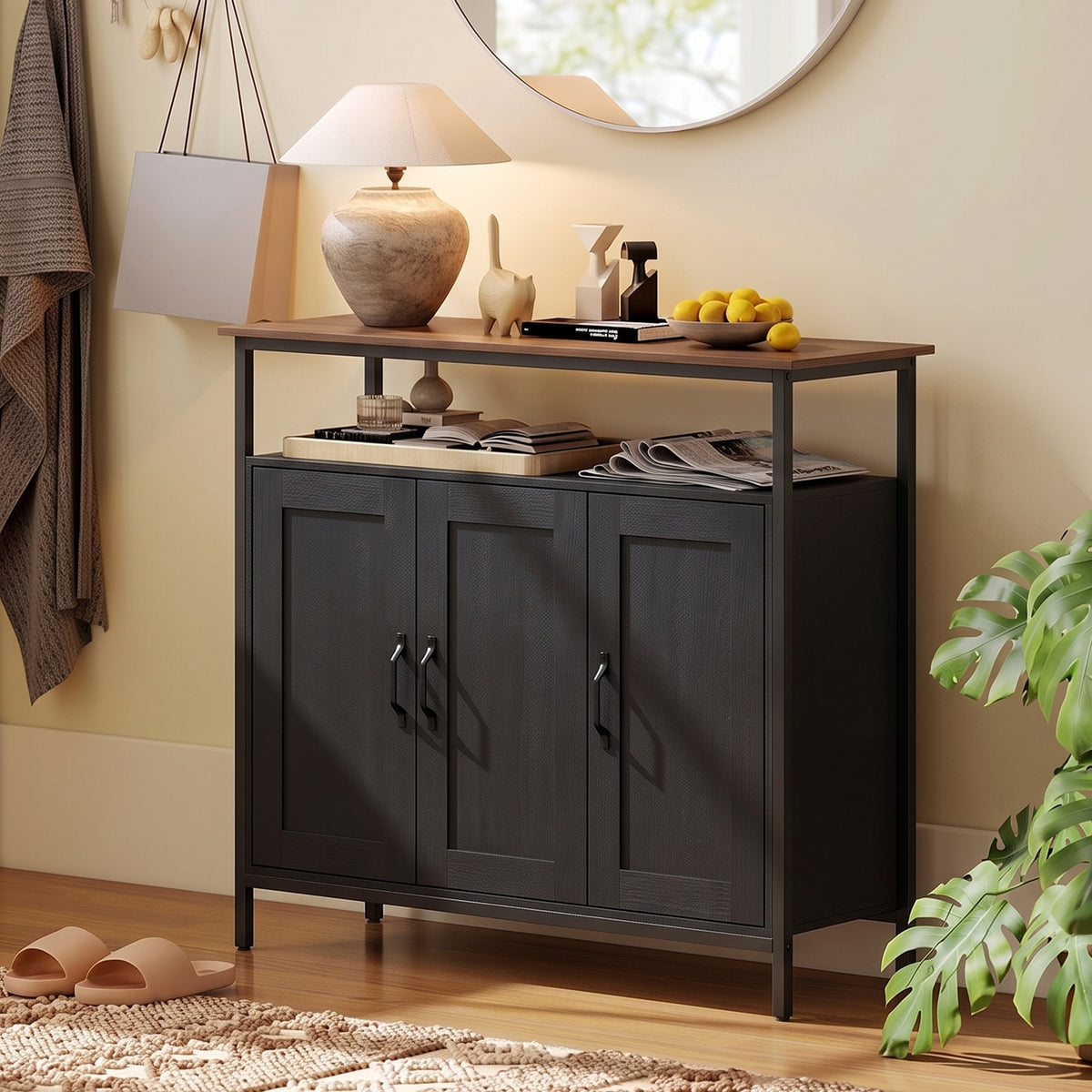 Dark gray industrial sideboard with cabinet doors and open shelf top