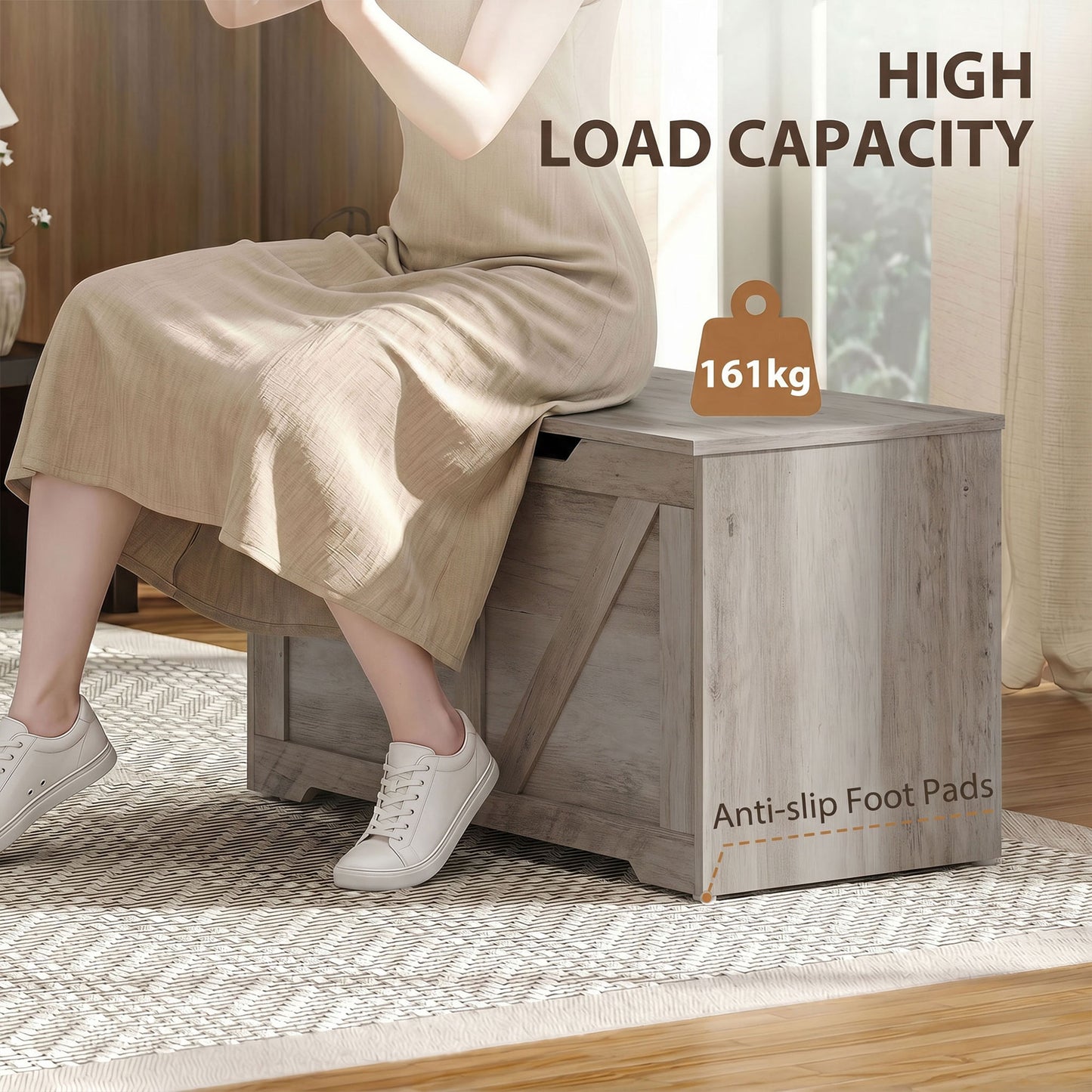 HOMCOM 127L Storage Box Bench With Safety Hinges Grey Wood Effect Durable Particle Board