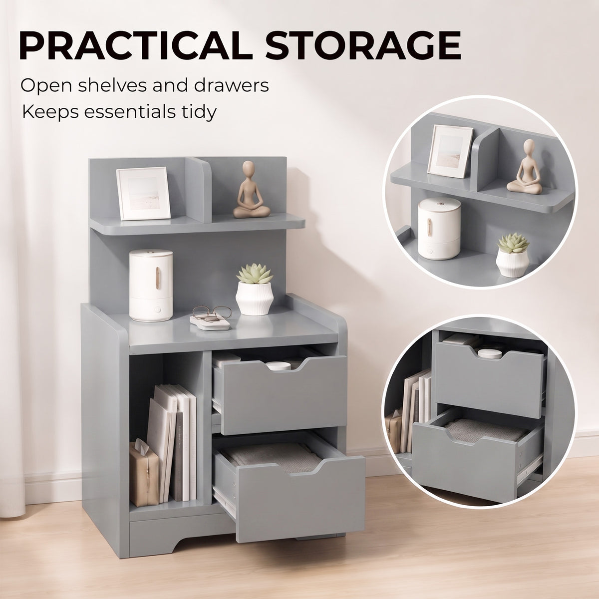 HOMCOM Grey Bedside Table with 2 Drawers and Open Storage Shelves for Bedroom