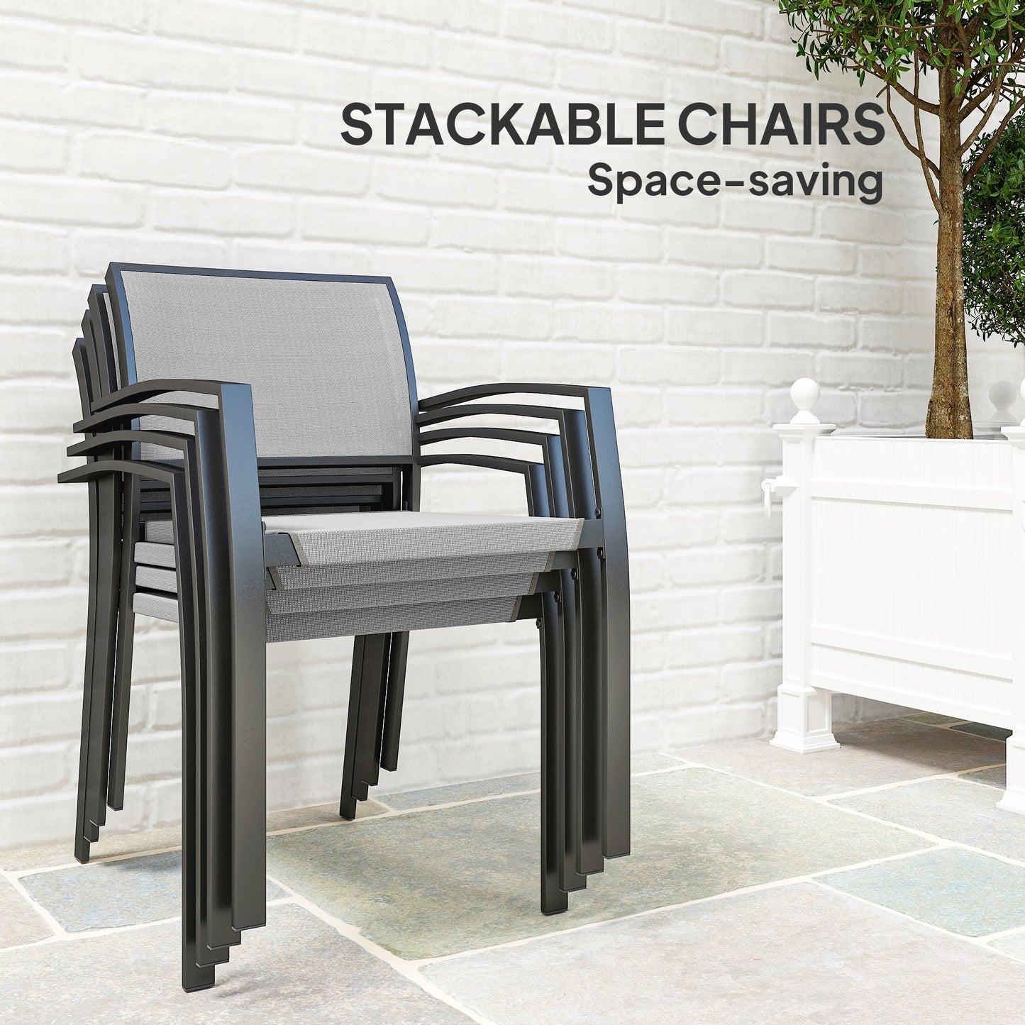 Outsunny Five Piece Outdoor Garden Dining Set With Texteline Chairs Four Stackable In Grey