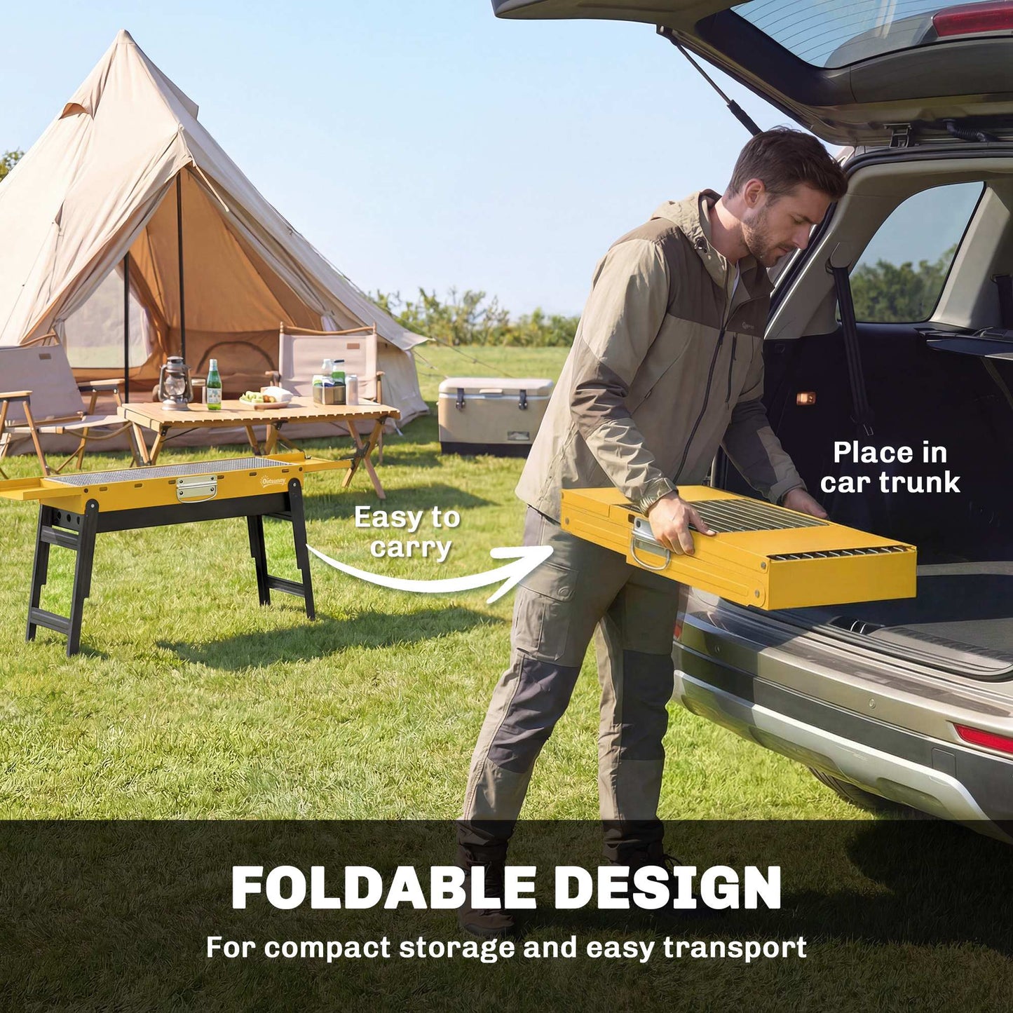 Outsunny Yellow Portable Foldable Charcoal BBQ Grill For Camping And Picnics With Two Side Shelves And Handle