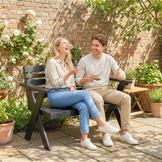 Outsunny Two Seater Wooden Garden Bench Slatted Patio With Armrest And Backrest Black