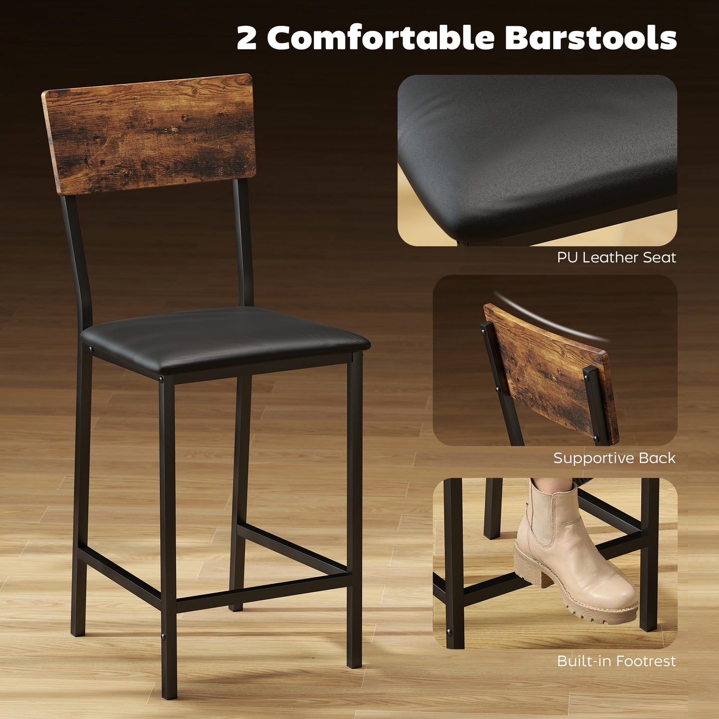 HOMCOM Three Piece Compact Bar Table Set With Two Bar Stools Brown and Black Finish Space Saving Kitchen Bar Furniture