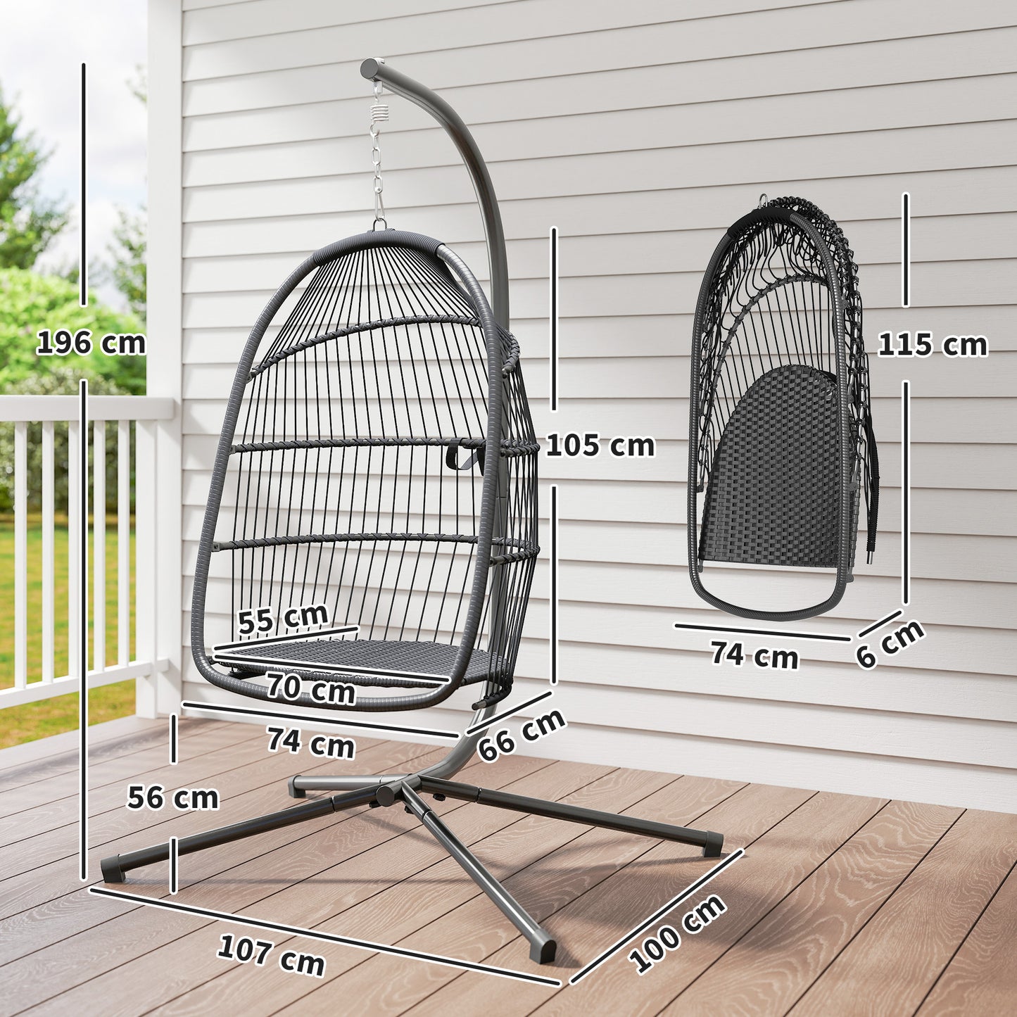 Outsunny Rattan Hanging Egg Chair With Stand Outdoor Indoor Foldable Wicker Swing With Cushion Capacity 150 Kg Dark Grey